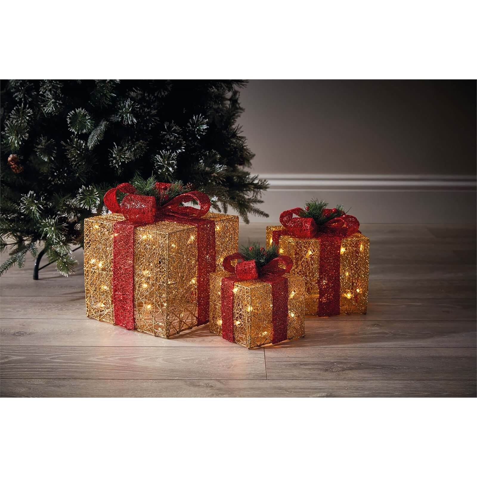 Gold Light Up Gifts Red Bow Set of 3