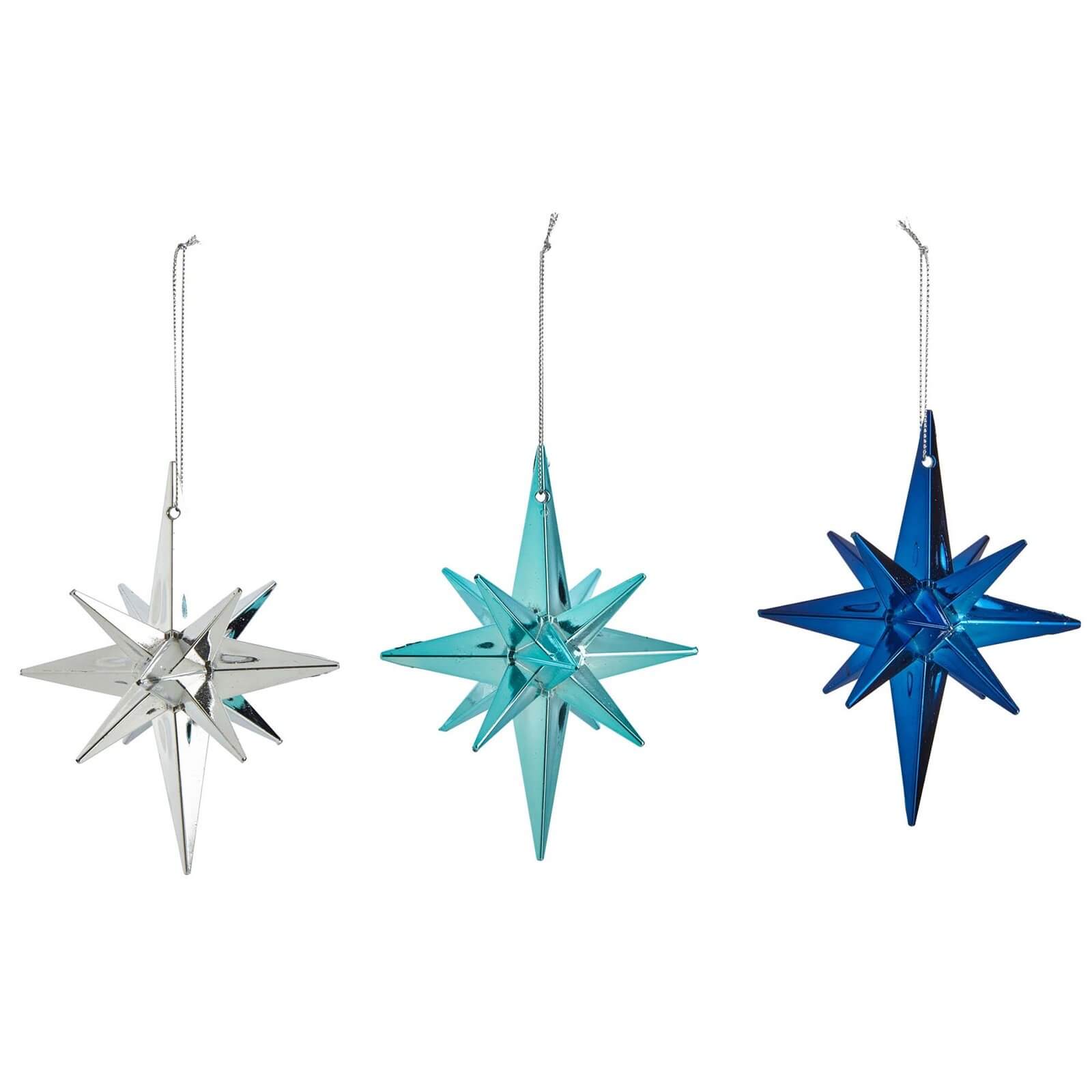 Pack of 3 Blue Silver Star Tree Decorations