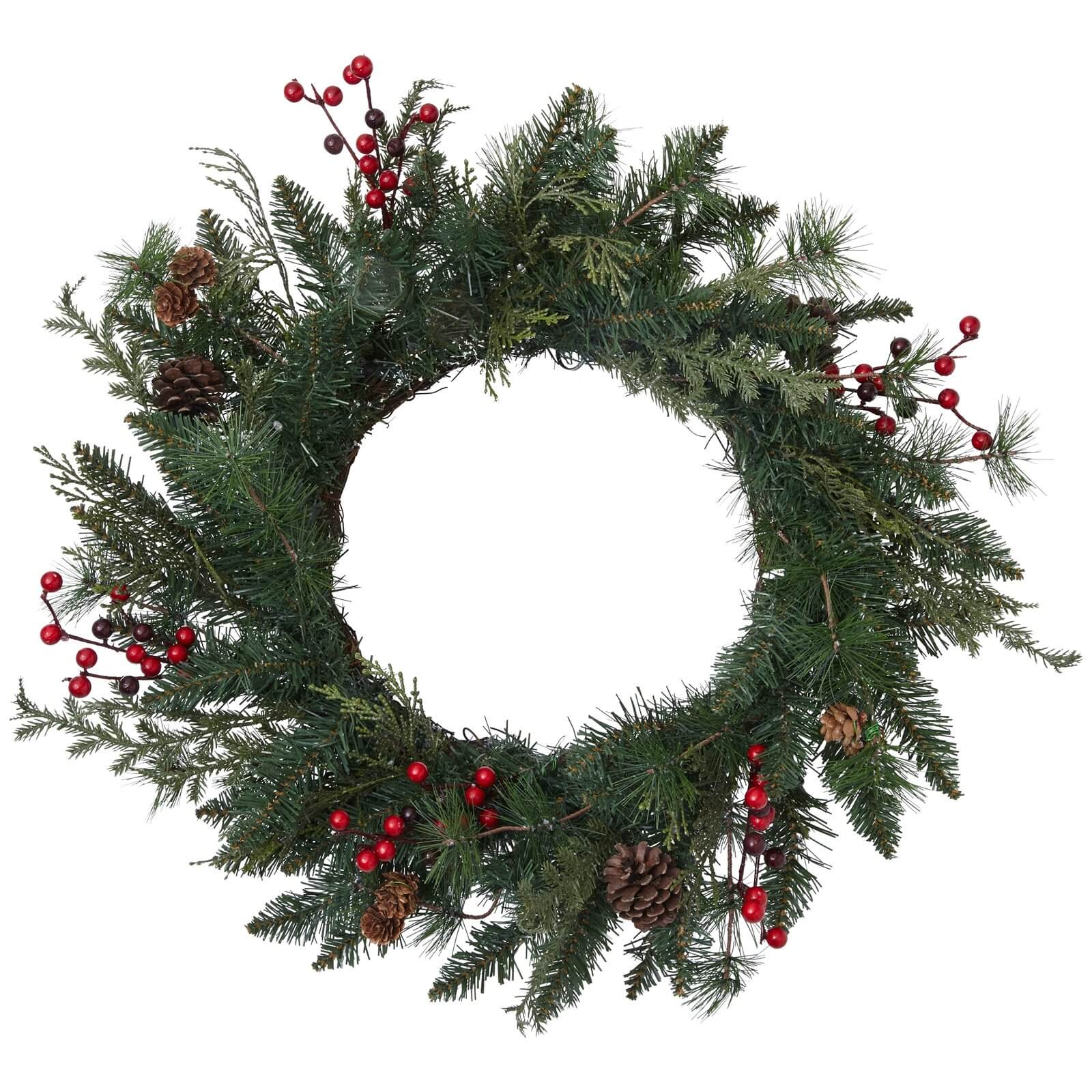 Berry and Cone Pre Lit Christmas Wreath 50cm
