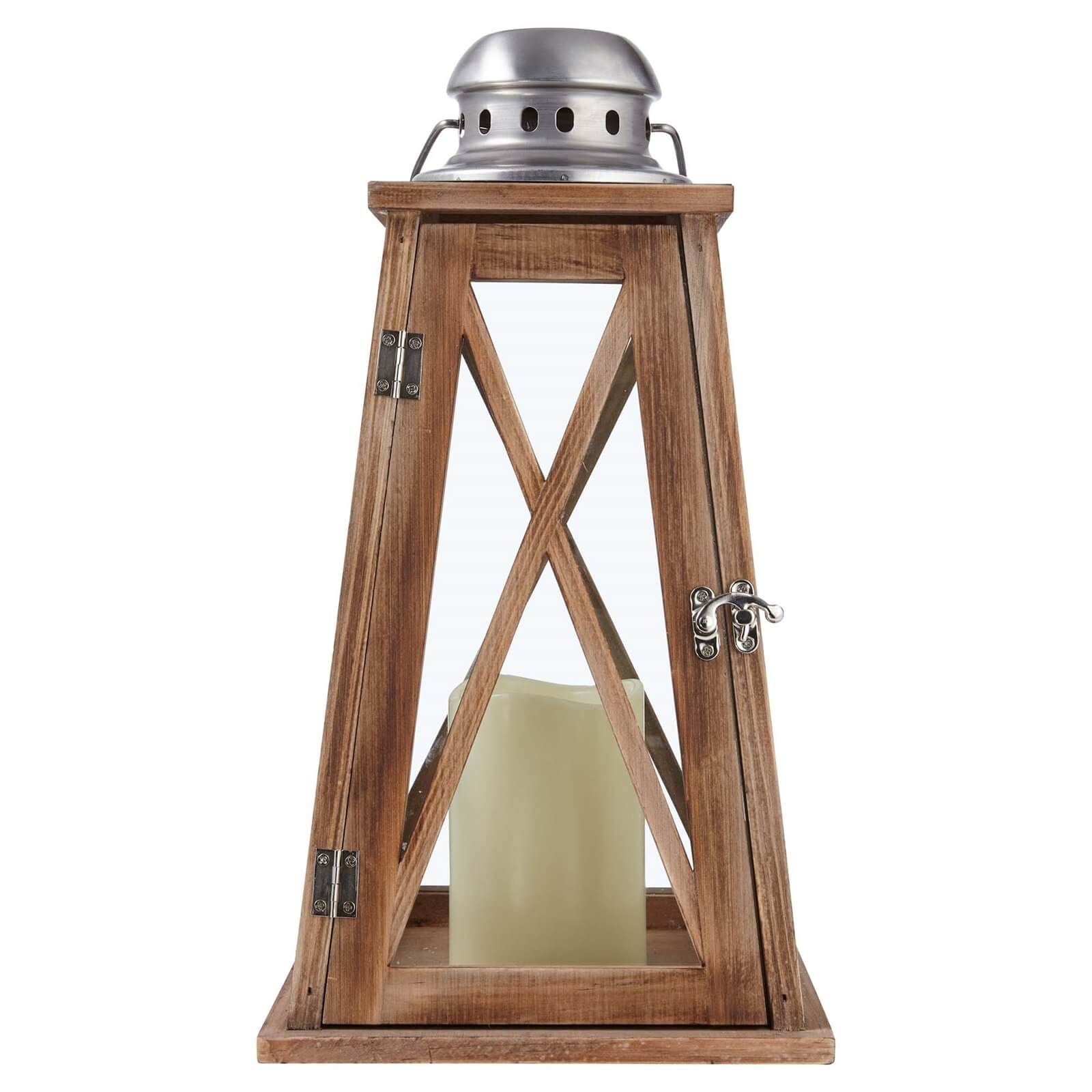 Wood Vintage Lantern with LED Candle 36cm (Battery Operated)