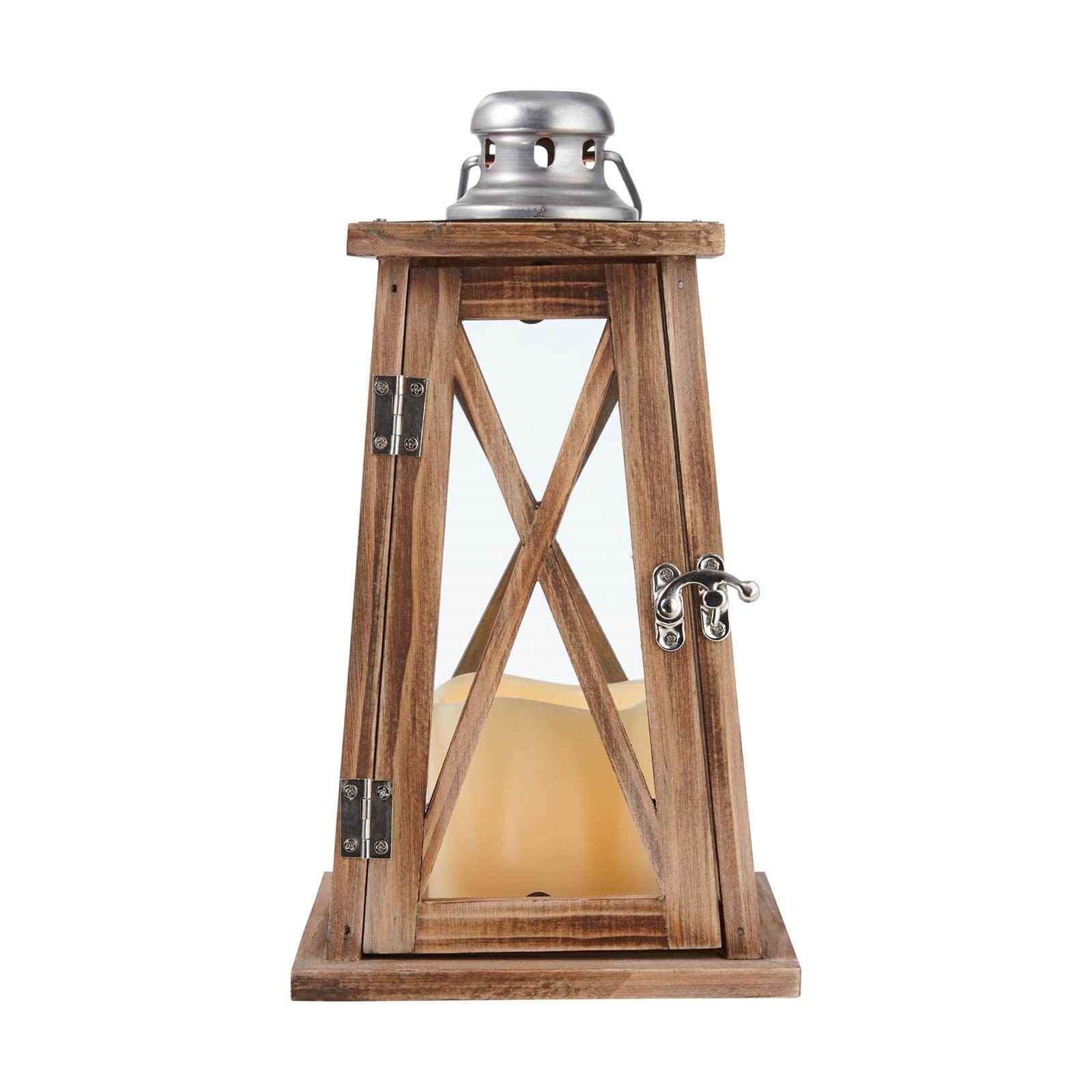 Wood Vintage Lantern with LED Candle 27cm (Battery Operated)