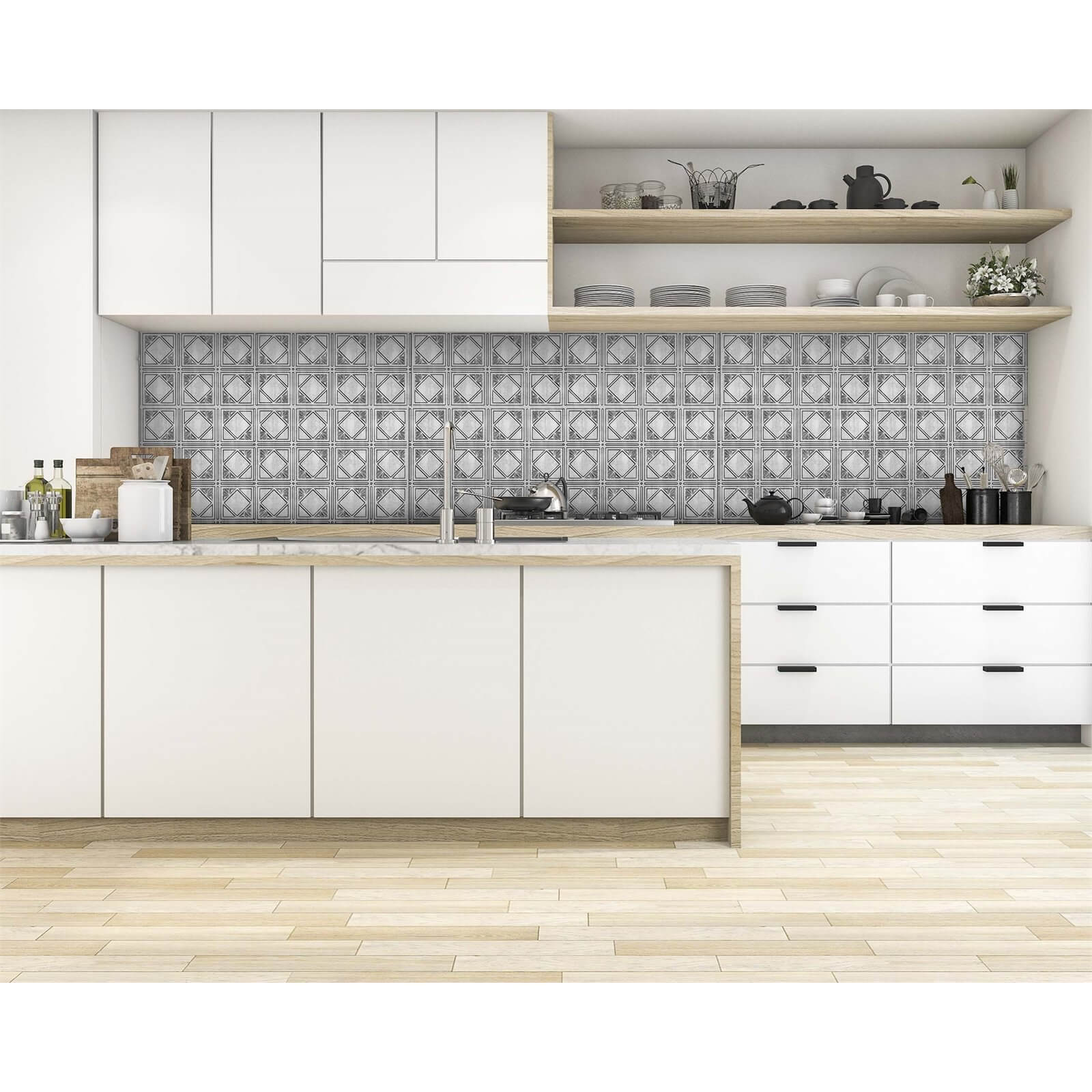 Innovera Decor 3D Design Wall Tile - Kitchen Splashback Cladding Panels (Art Nouveau - Silver, Set of 6)