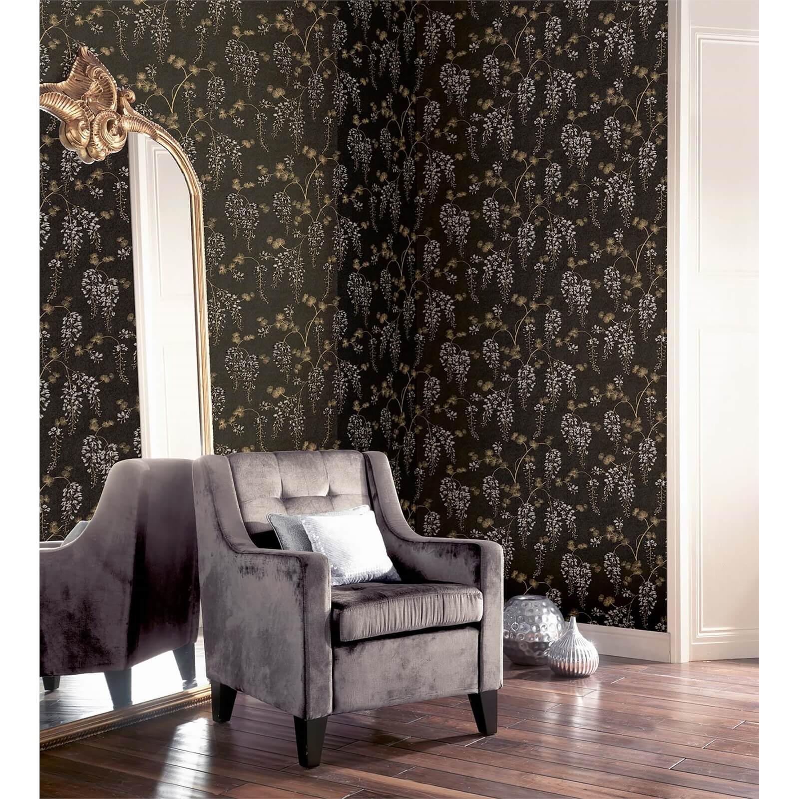 Arthouse Wisteria Floral Black Gold Wallpaper