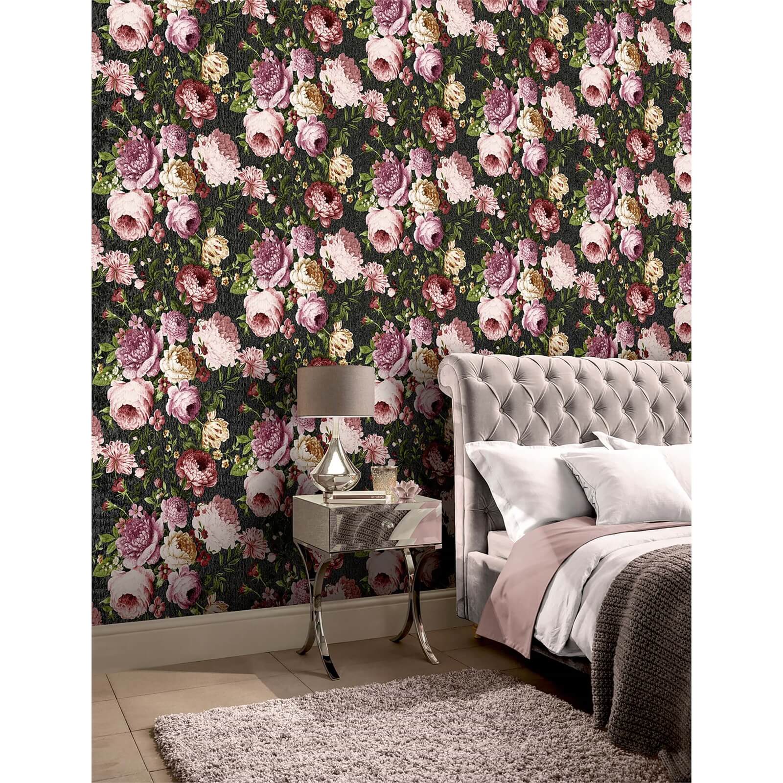 Arthouse Tapestry Floral Charcoal Pink Wallpaper