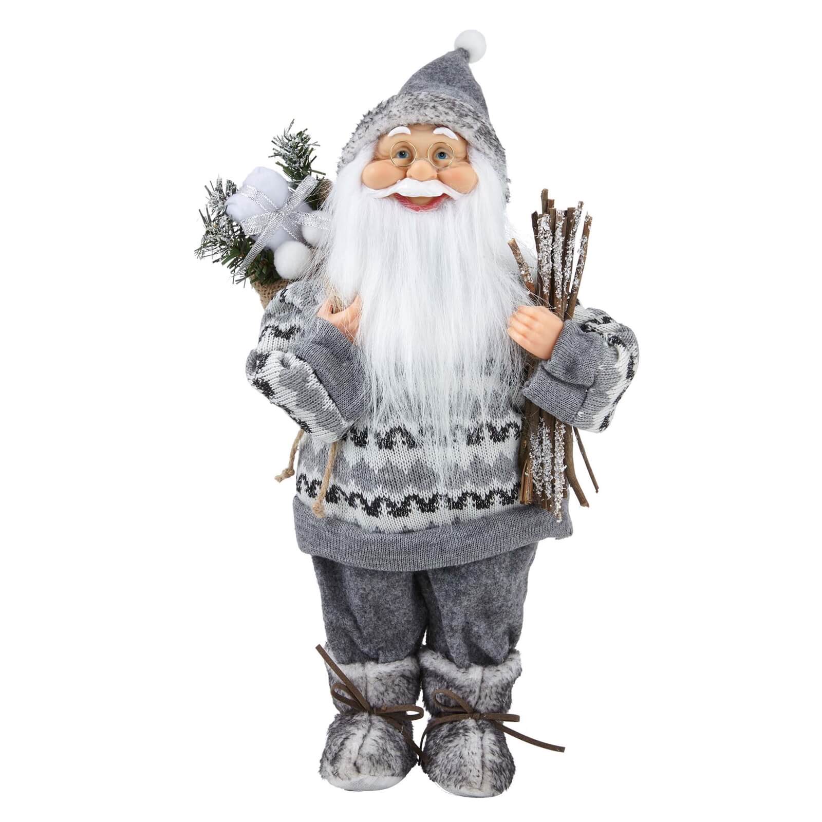 Standing Santa in Grey Patterned Jumper Christmas Decoration - 40cm