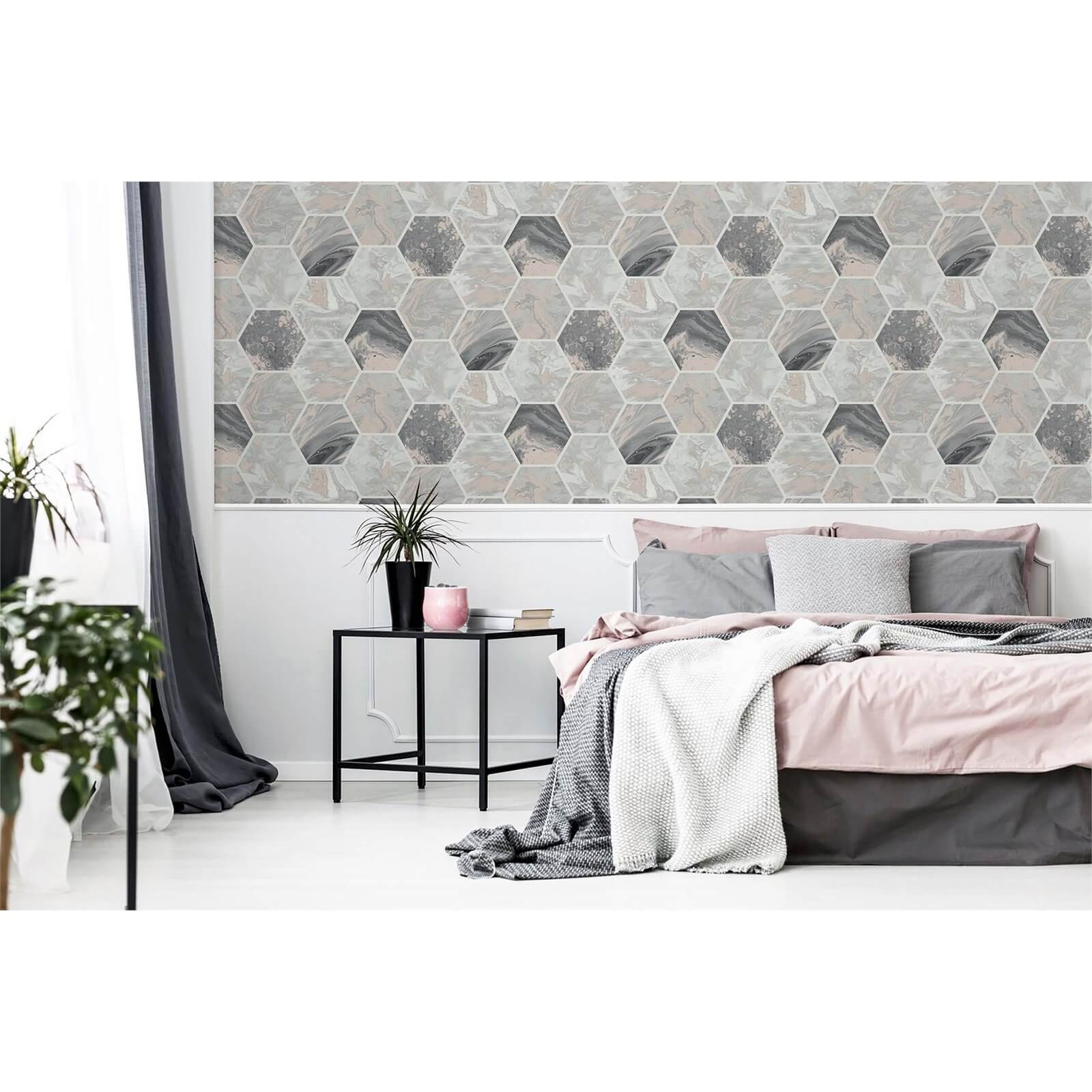 Arthouse Marbled Hex Charcoal Rose Gold Wallpaper