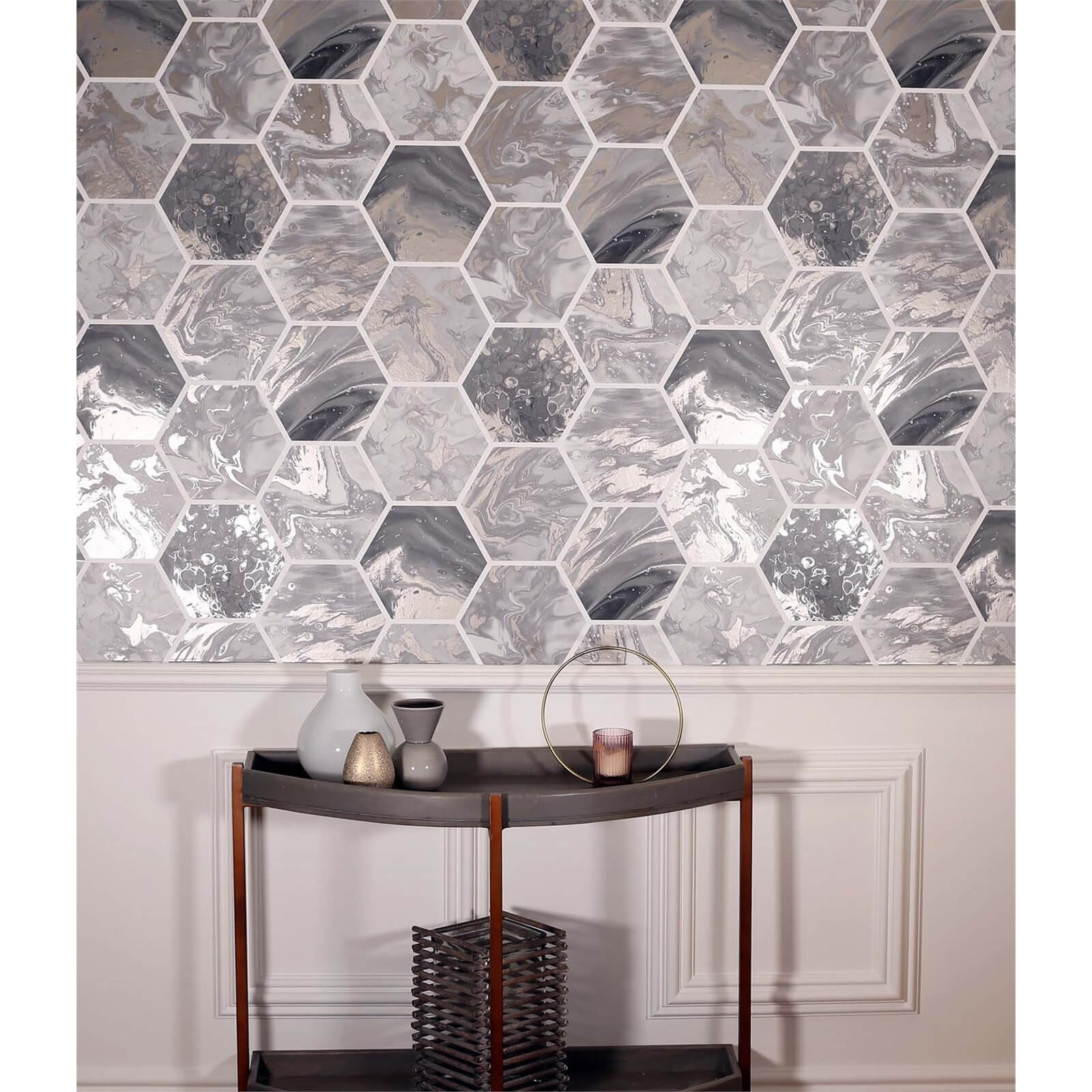Arthouse Marbled Hex Charcoal Rose Gold Wallpaper