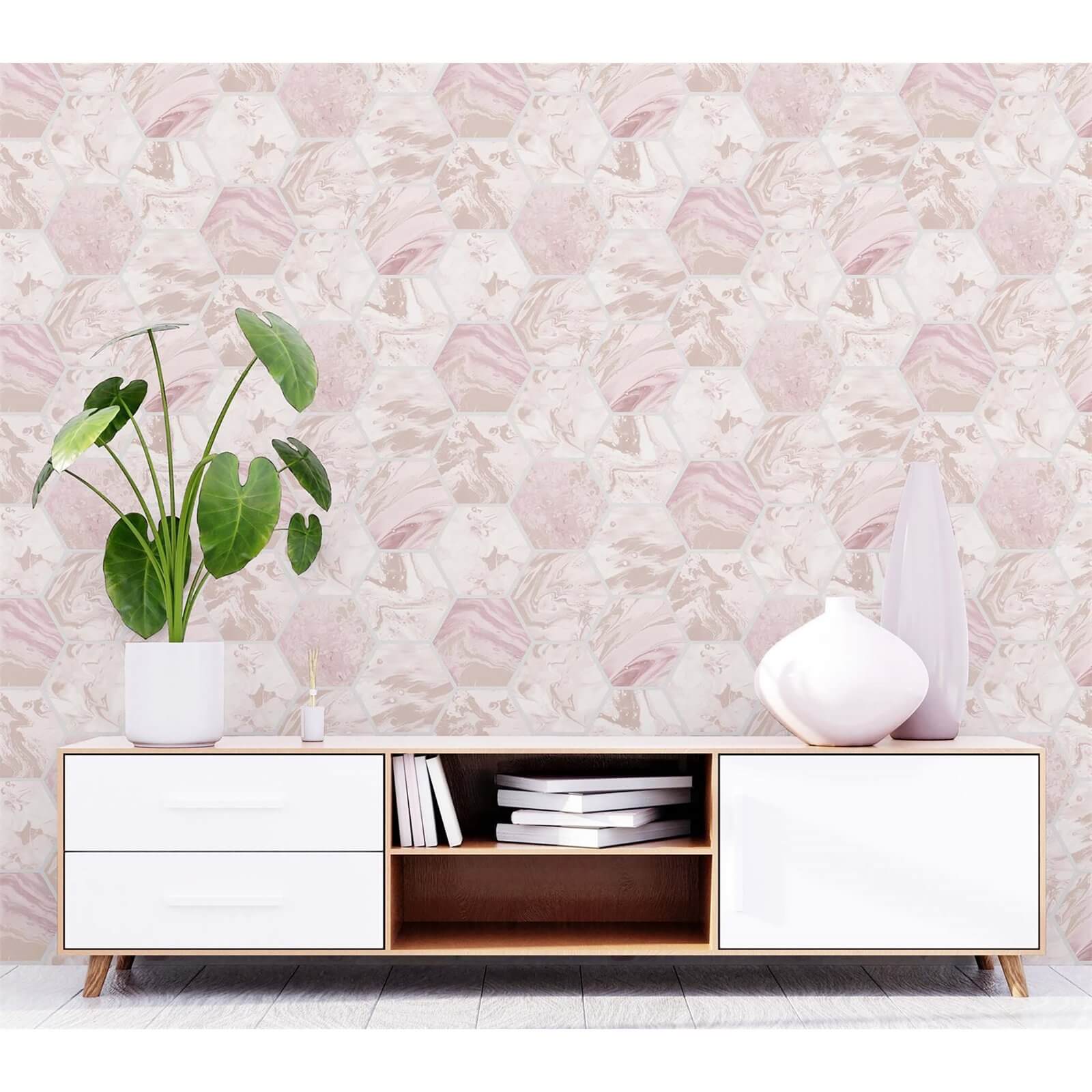 Arthouse Marbled Hex Pink Rose Gold Wallpaper
