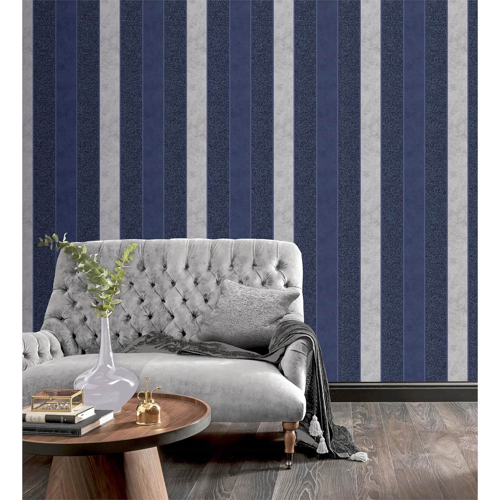 Arthouse Calico Stripe Navy Wallpaper