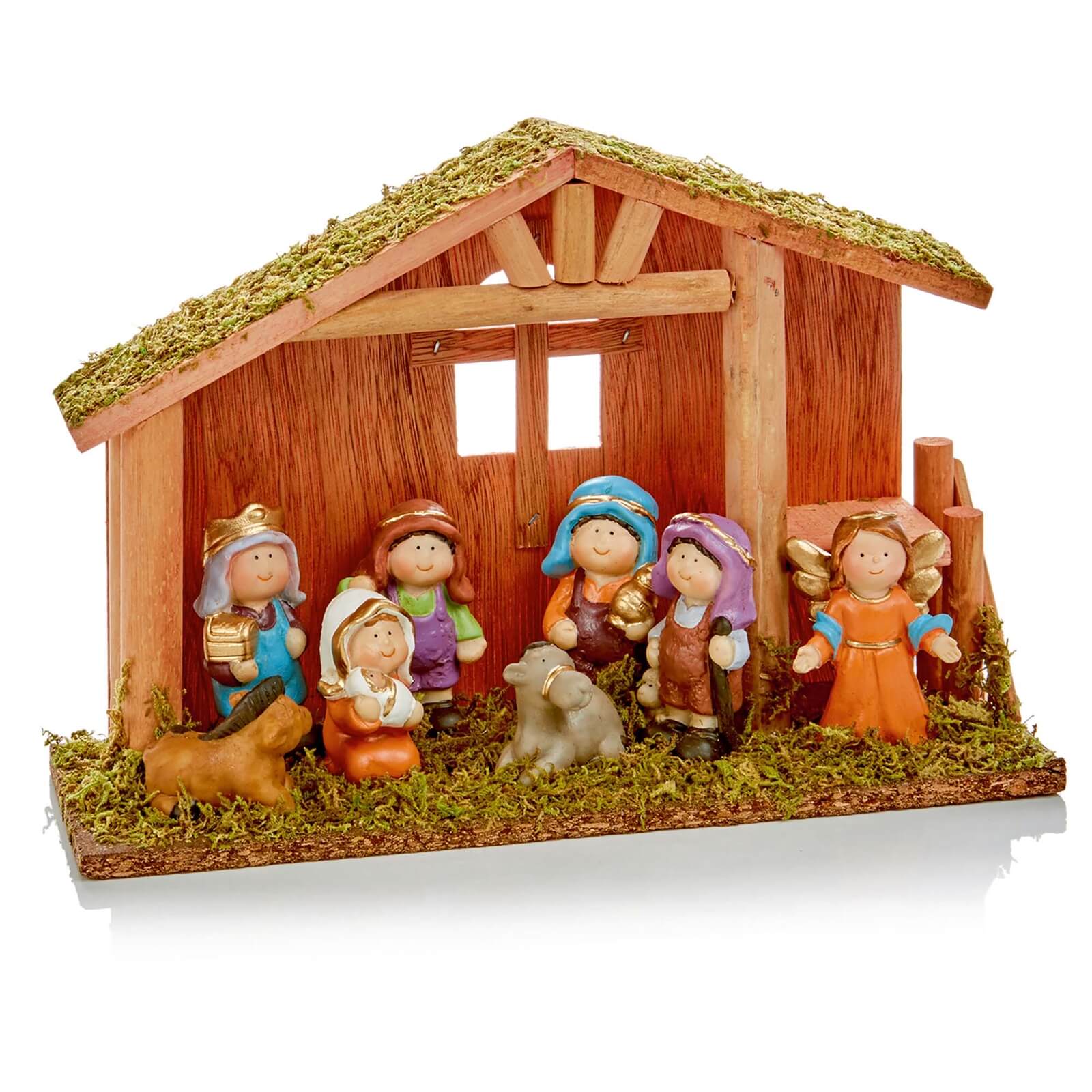 Childrens Nativity Set In Wooden Manger