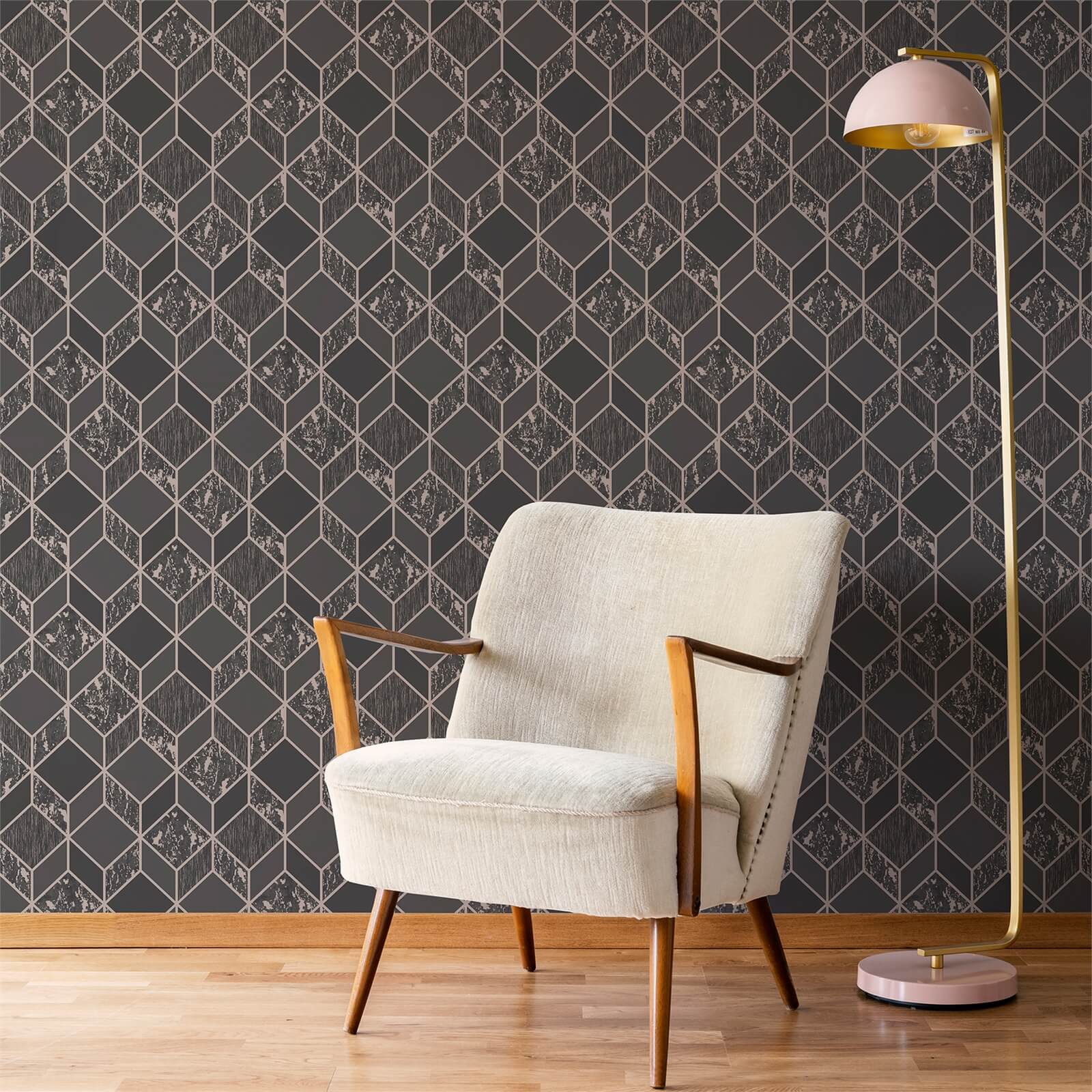 Superfresco Vittorio Geo Charcoal And Rose Gold Wallpaper