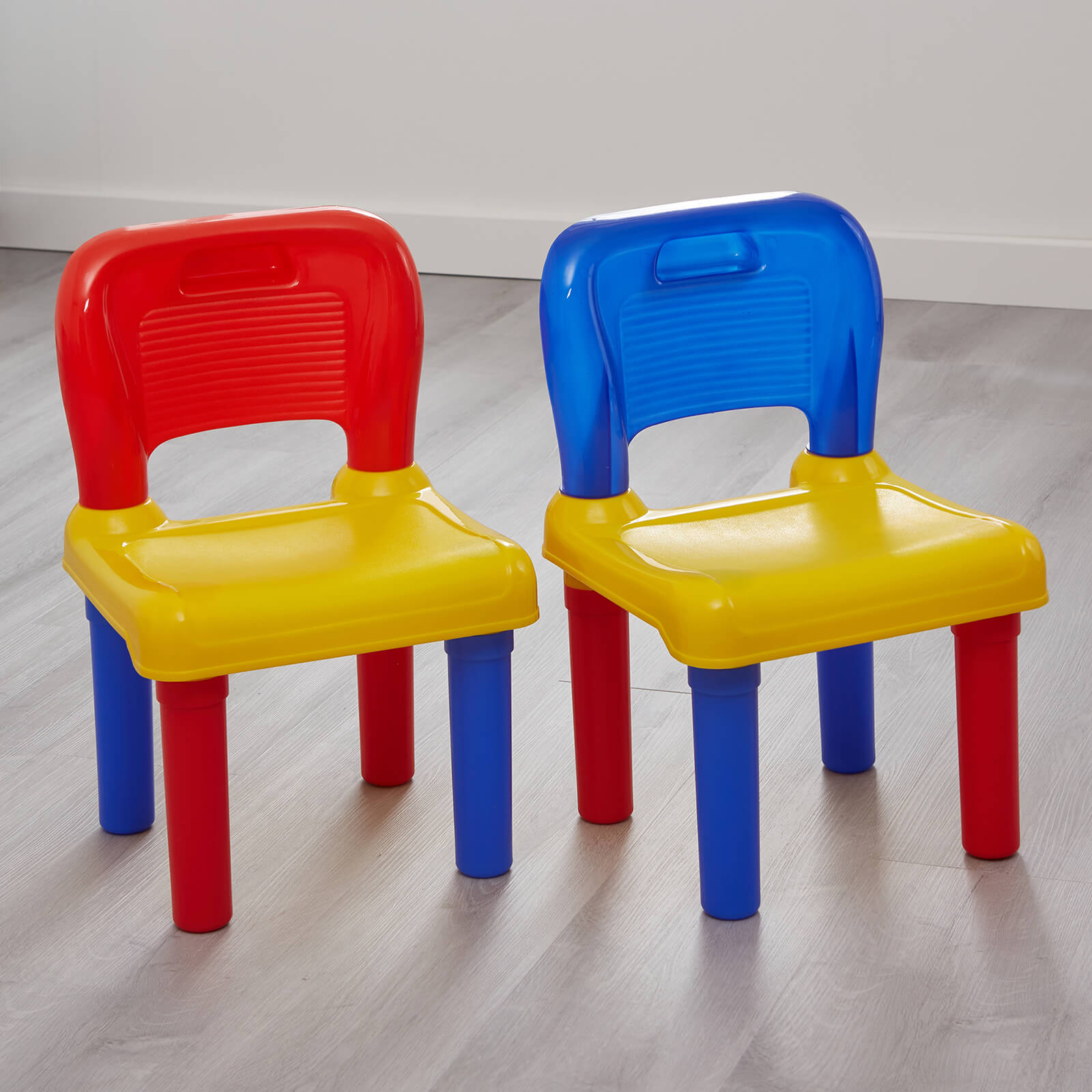 Two Mulitcoloured Plastic Chairs