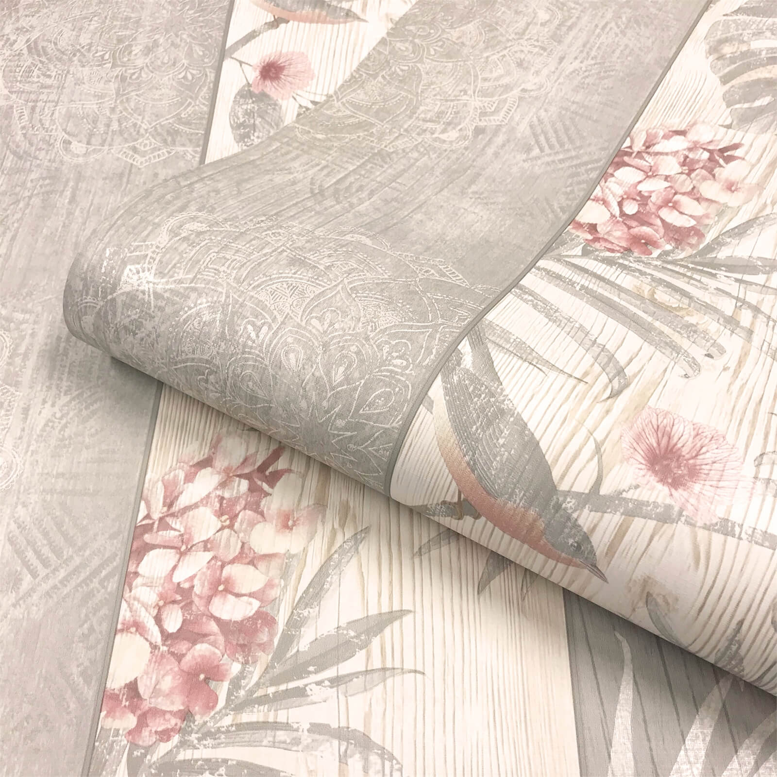 Belgravia Decor Rosa Smooth Fern Panel Blush and Grey Wallpaper