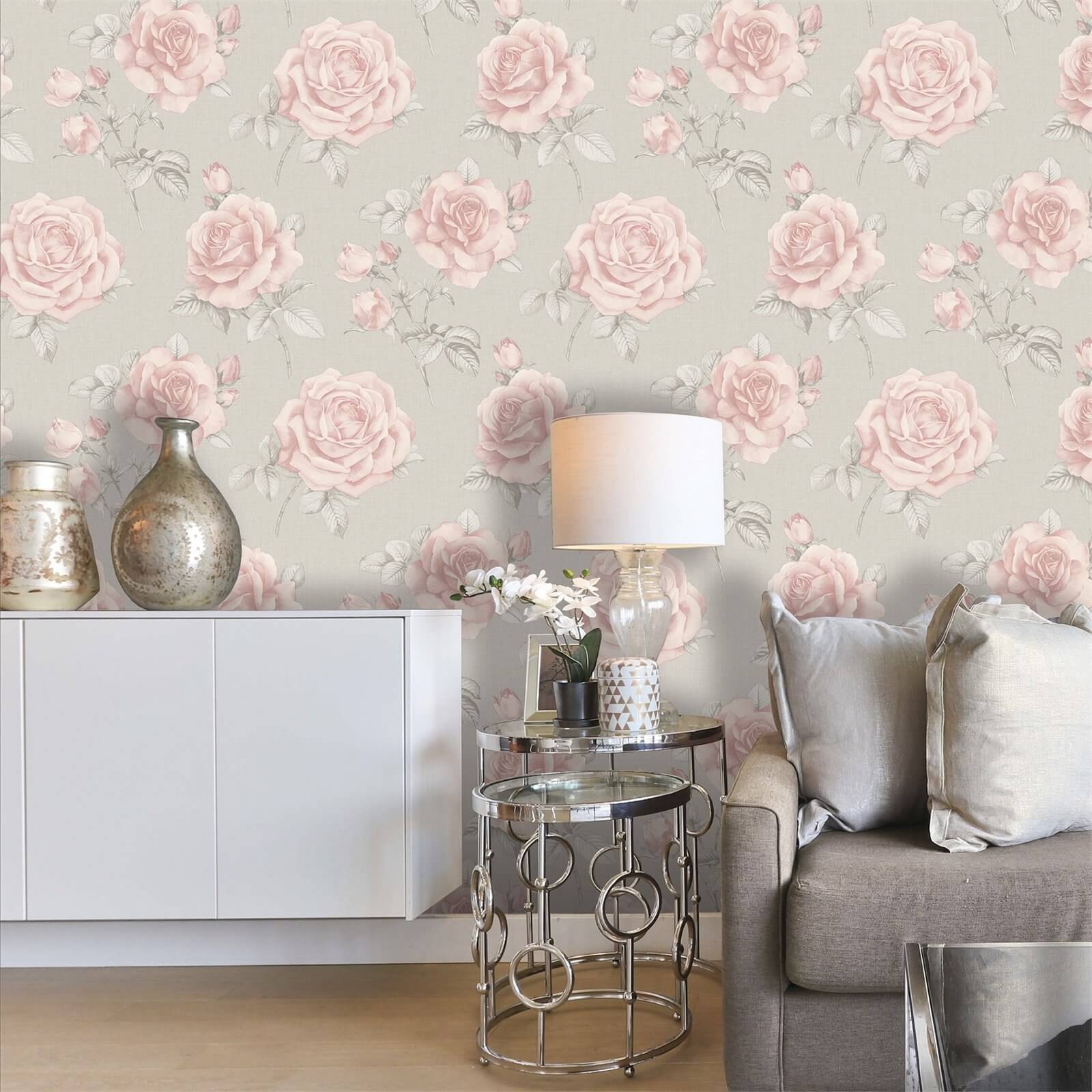 Belgravia Decor Rosa Smooth Floral Blush and Grey Wallpaper