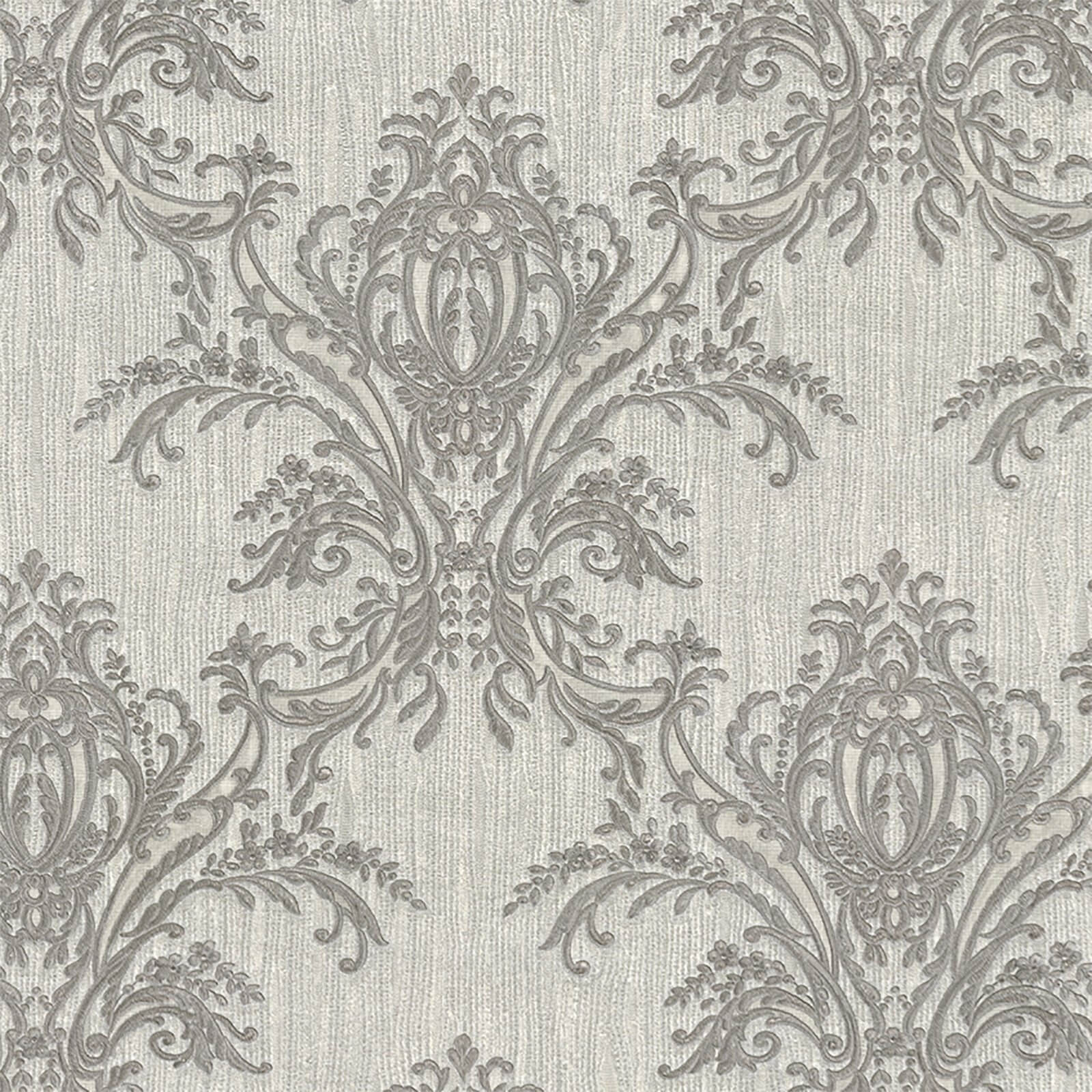 Belgravia Decor Sofia Damask Textured Vinyl Metallic Silver and Grey Wallpaper