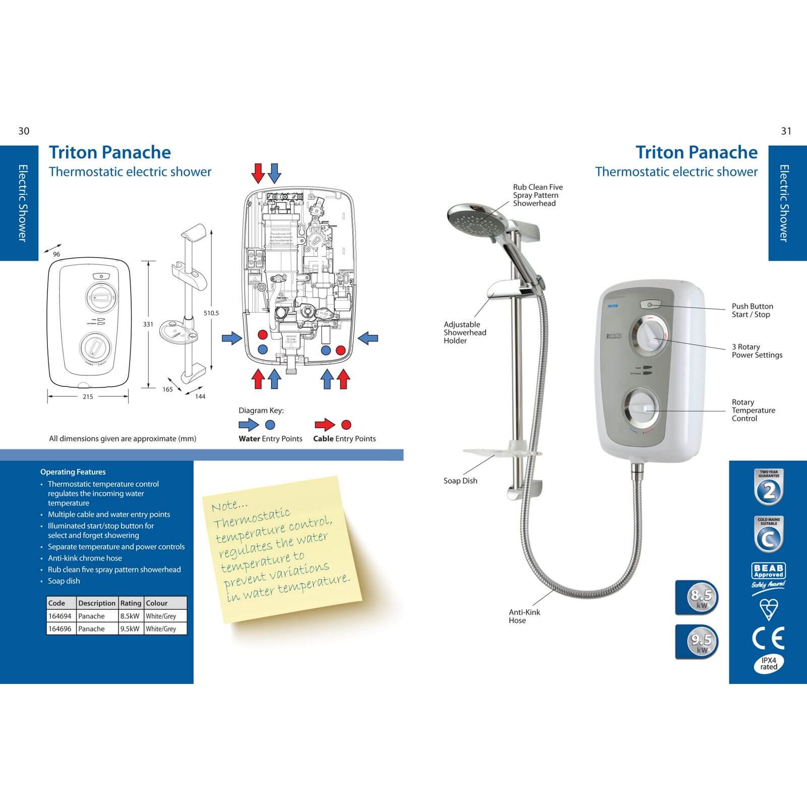Triton Panache Thermostatic 8.5kW Electric Shower - Satin & White