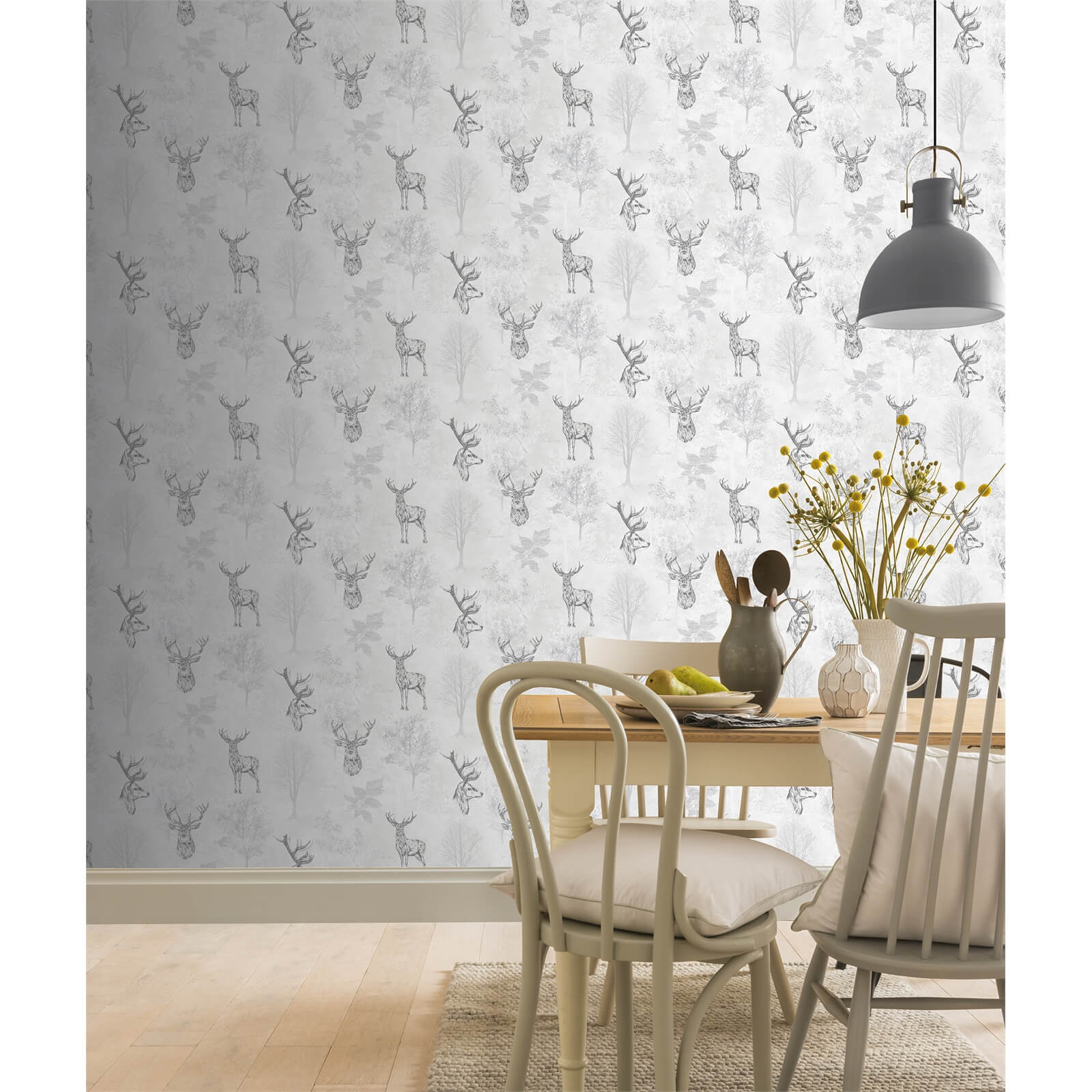 Arthouse Etched Stag Animal Textured Metallic Grey Wallpaper