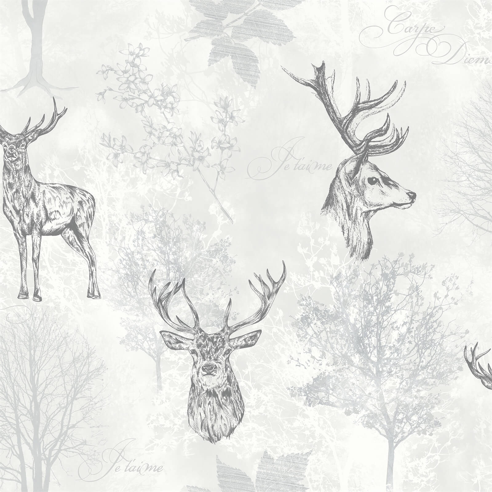Arthouse Etched Stag Animal Textured Metallic Grey Wallpaper