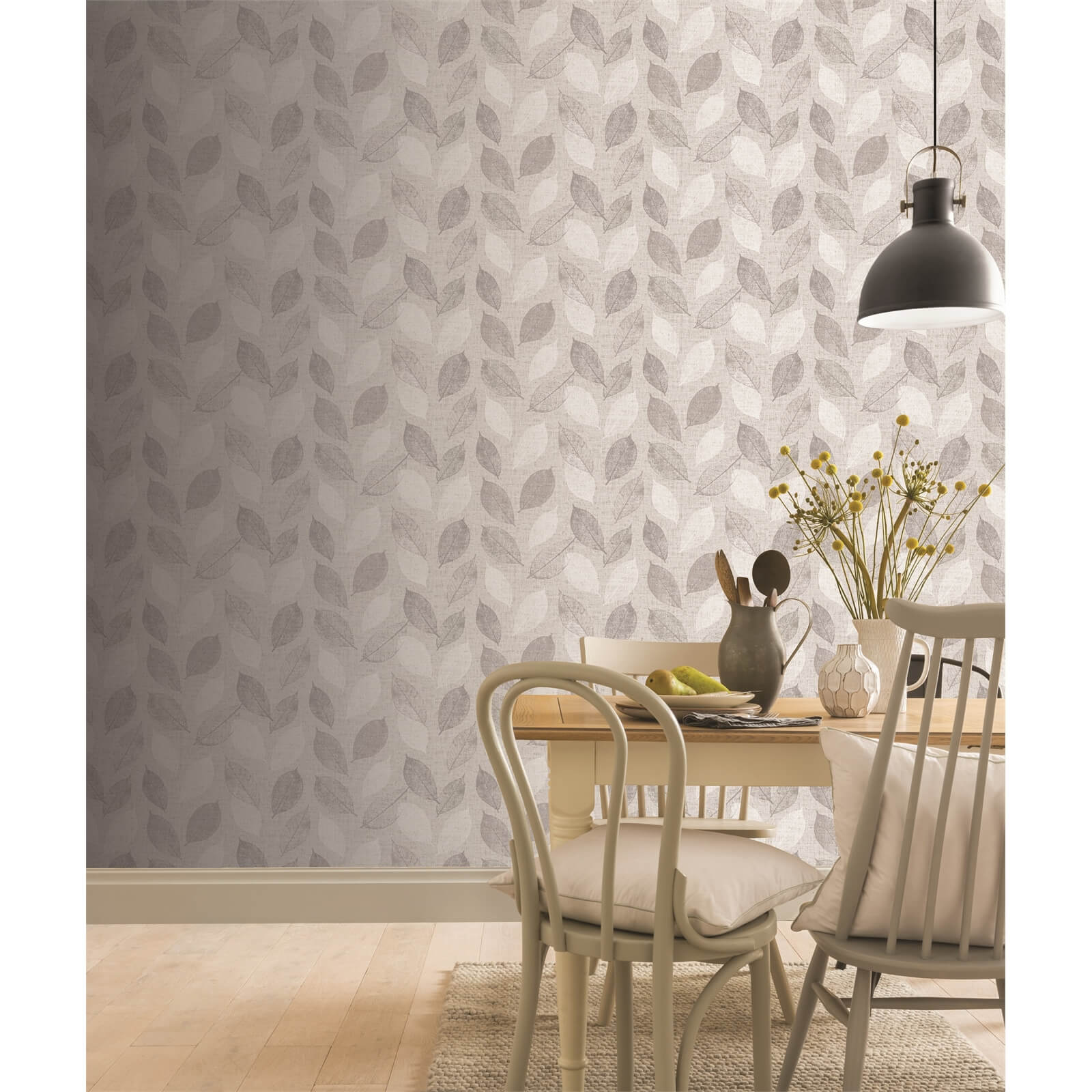 Arthouse Linen Leaves Smooth Grey Wallpaper