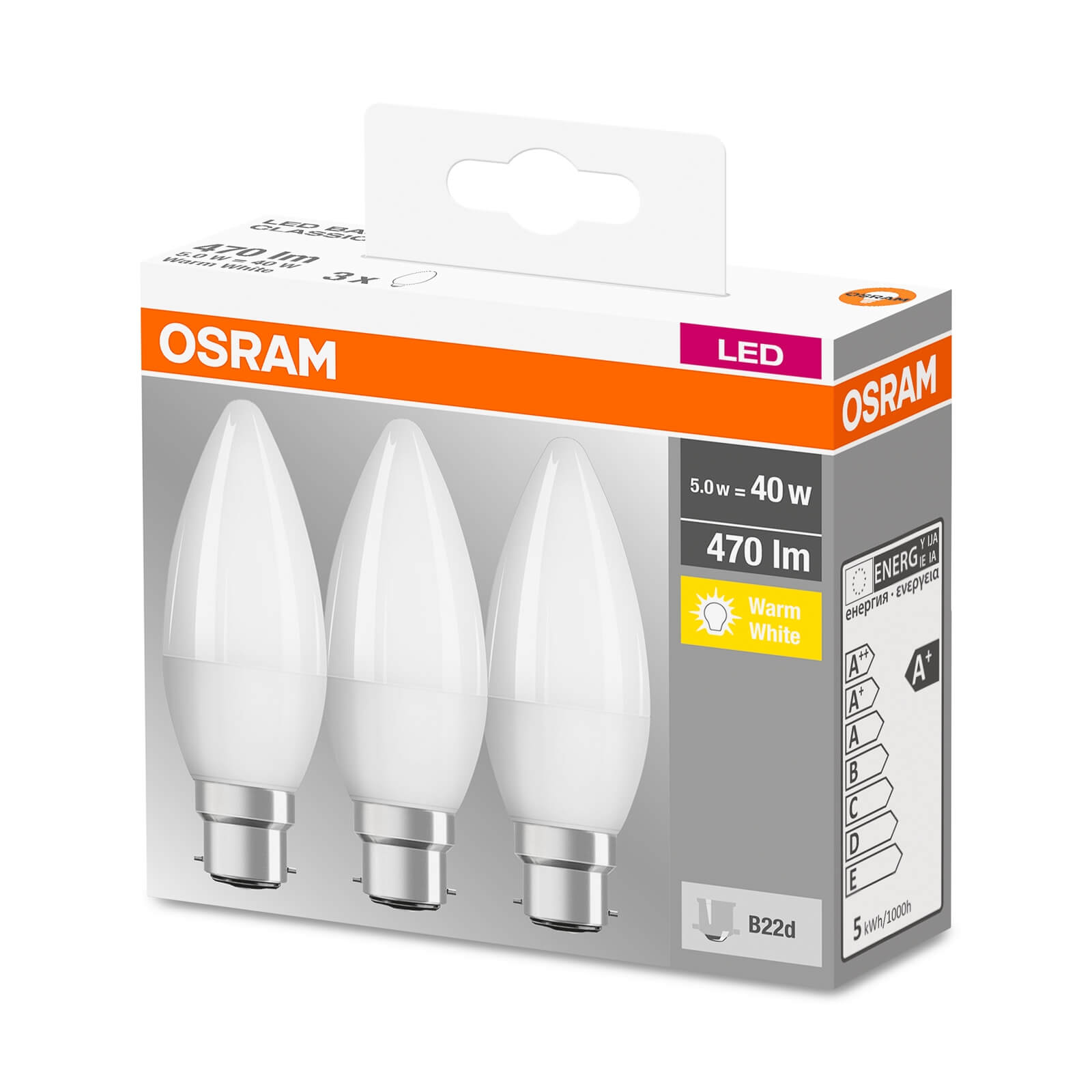 Osram Filament Candle Coat 40W BC Light Bulb - 3 pack