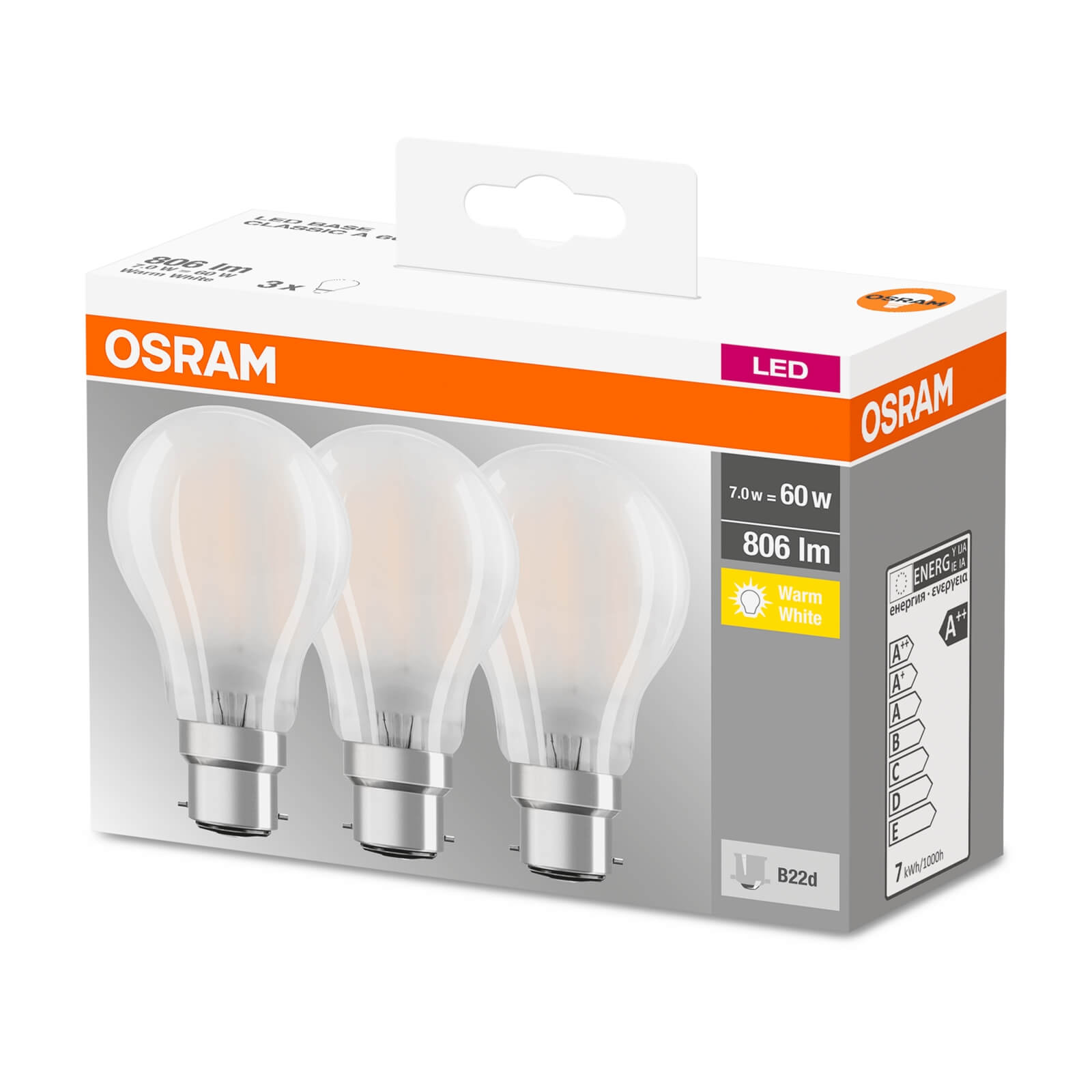 Osram Filament Classic Coat 60W BC Light Bulb - 3 pack