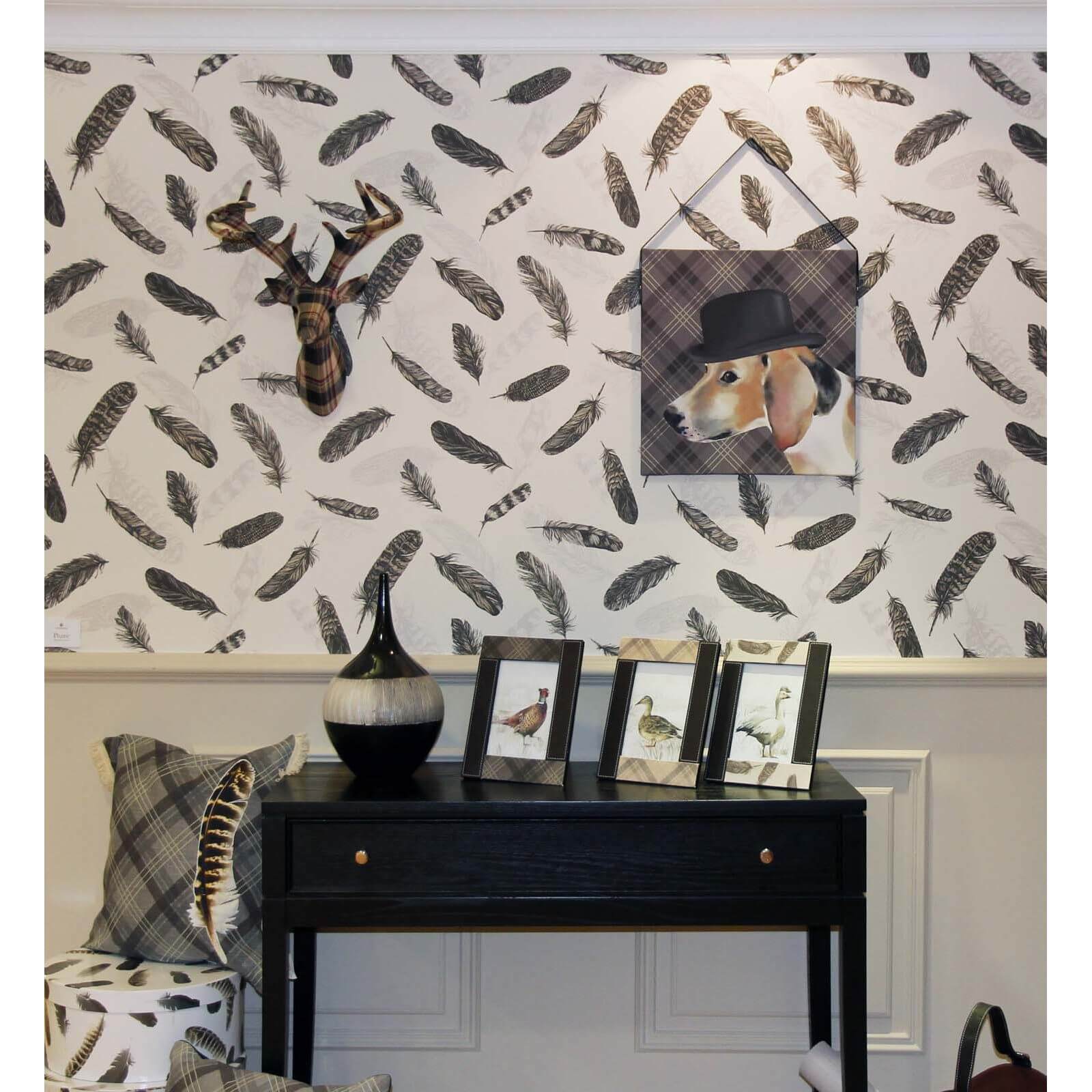 Arthouse Vintage Plume Feather Textured Black and Cream Wallpaper