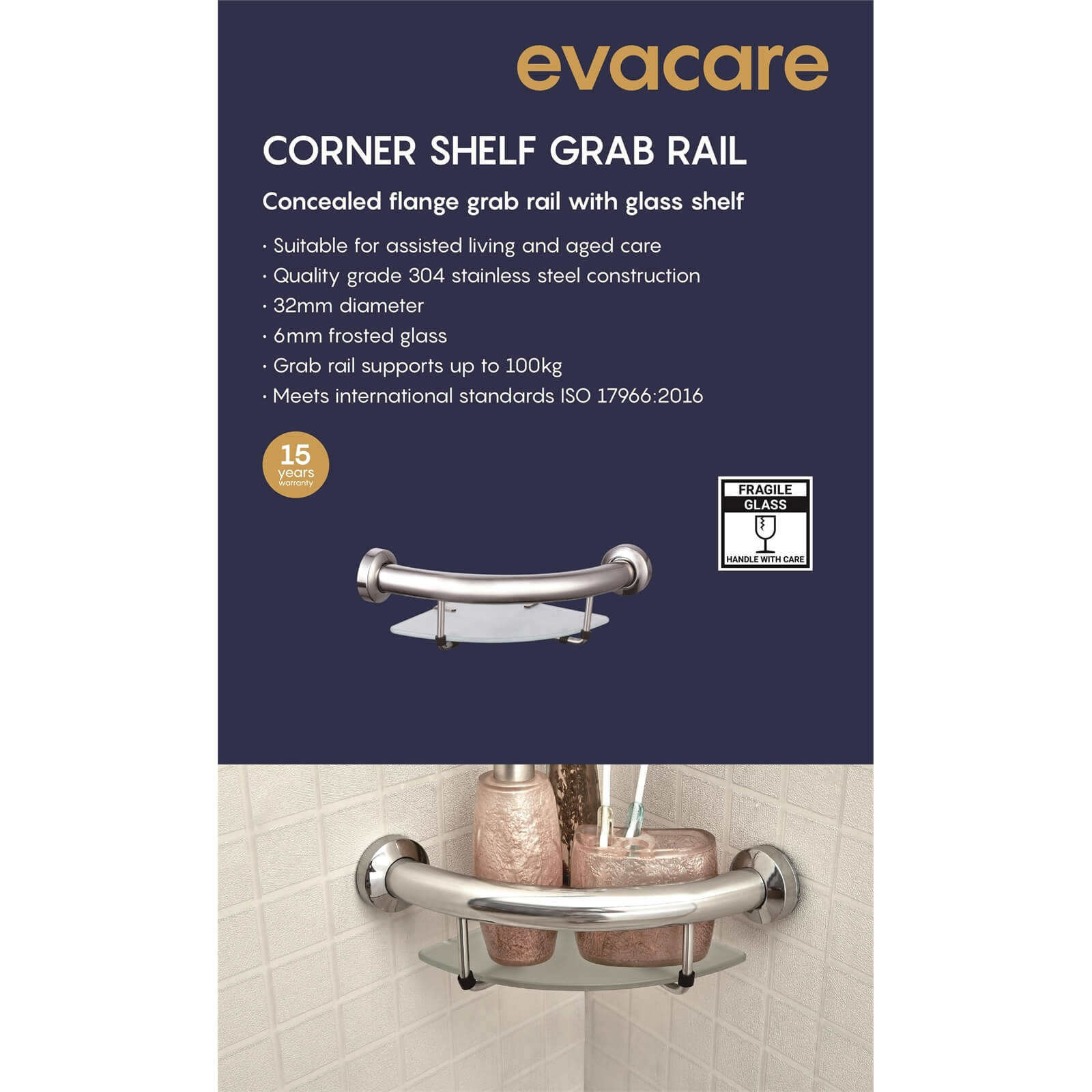Evacare Corner Shower Shelf & Grab Rail