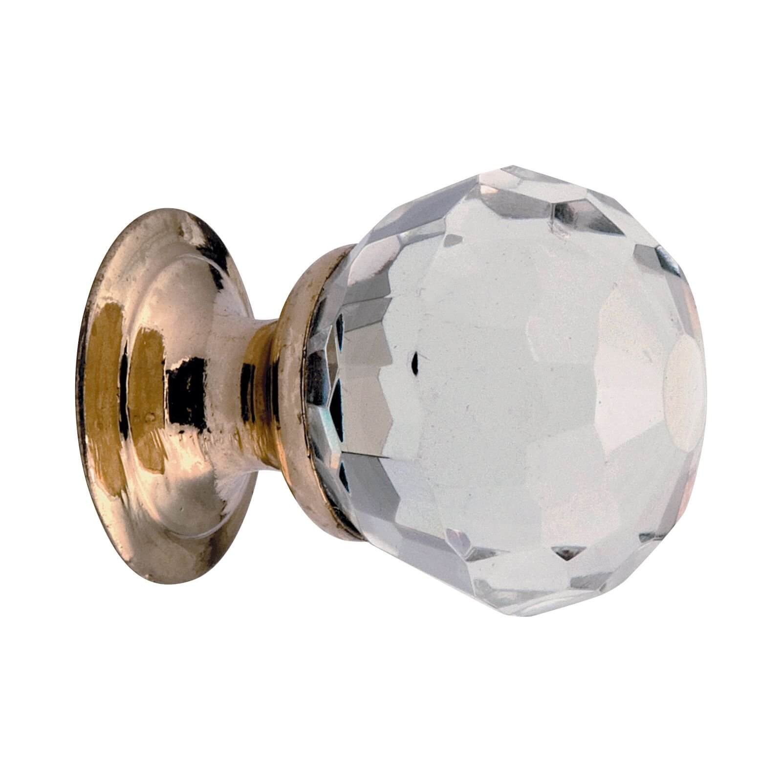 Faceted Glass Door Knob - Polished Brass