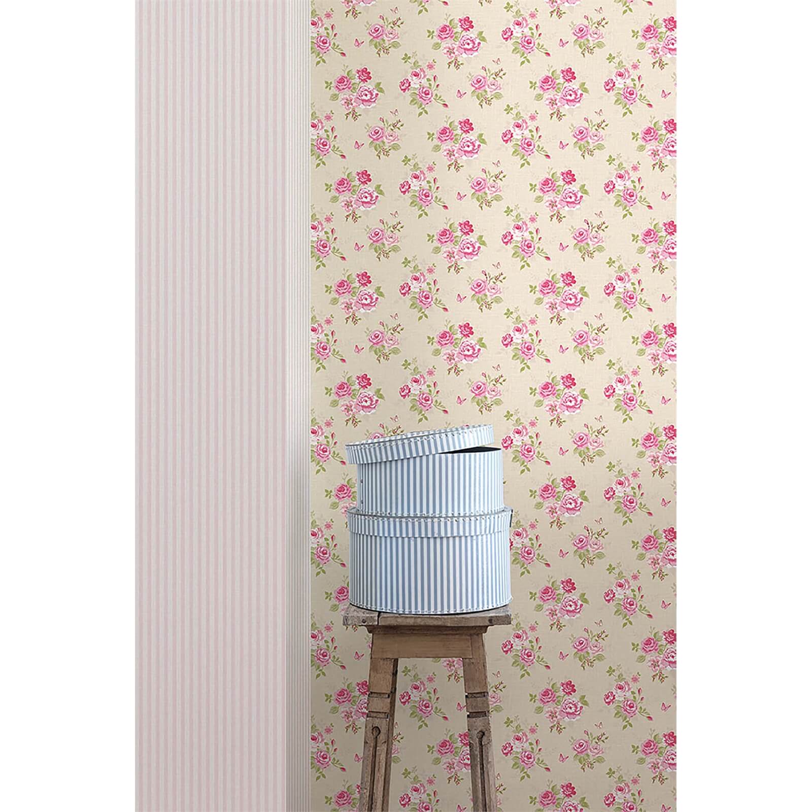 Grandeco Ticking Stripe Pink Wallpaper