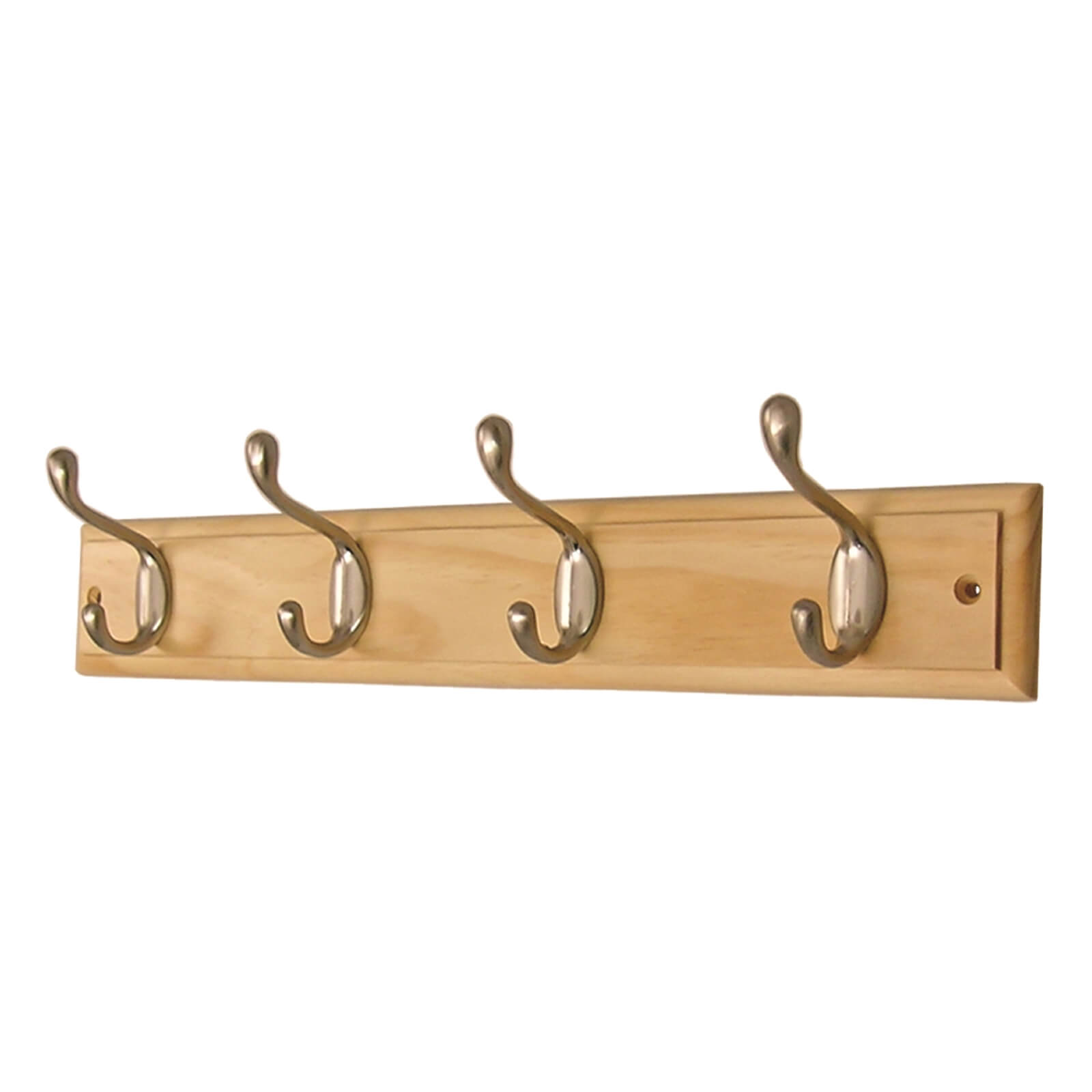 4 Hat and Coat Hooks - Satin Nickel on Pine Board