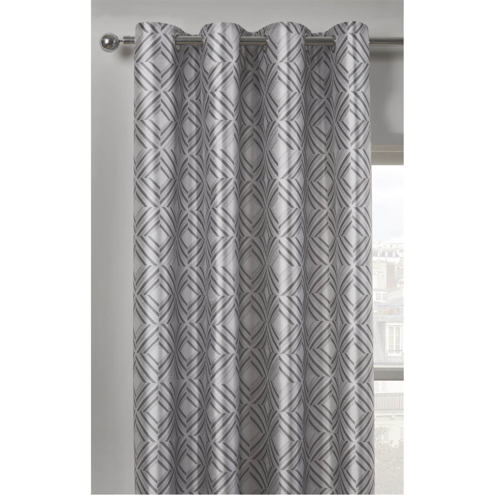 Faux Silk Geo Grey Lined Eyelet Curtains 117cm x 137cm