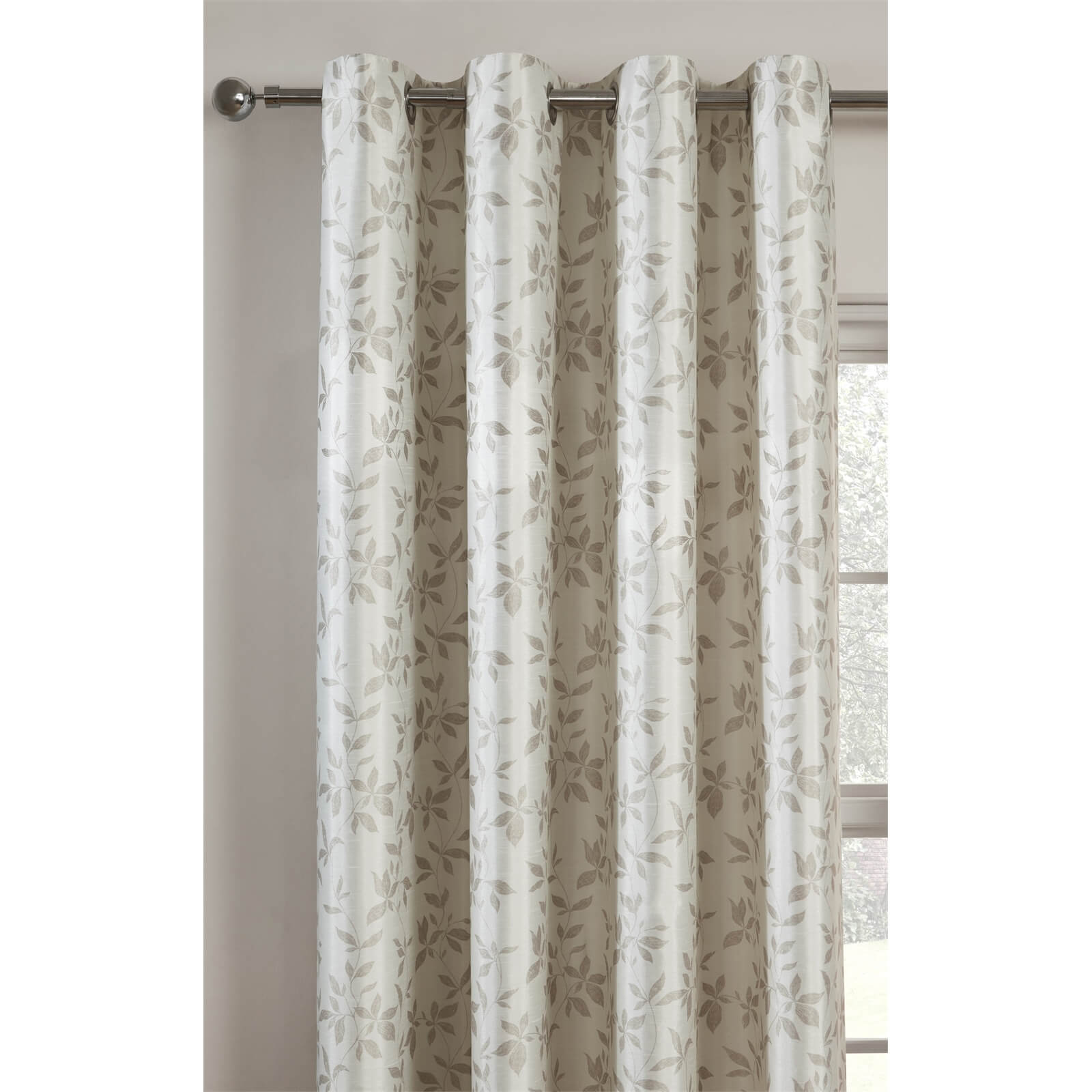 Faux Silk Leaf Natural Lined Eyelet Curtains 168cm x 183cm