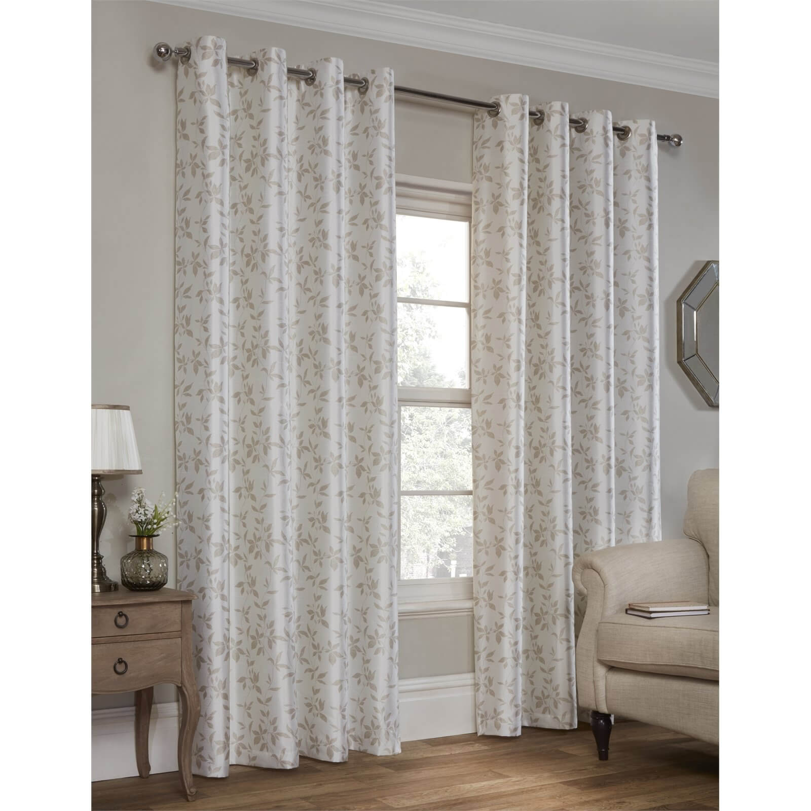 Faux Silk Leaf Natural Lined Eyelet Curtains 168cm x 229cm