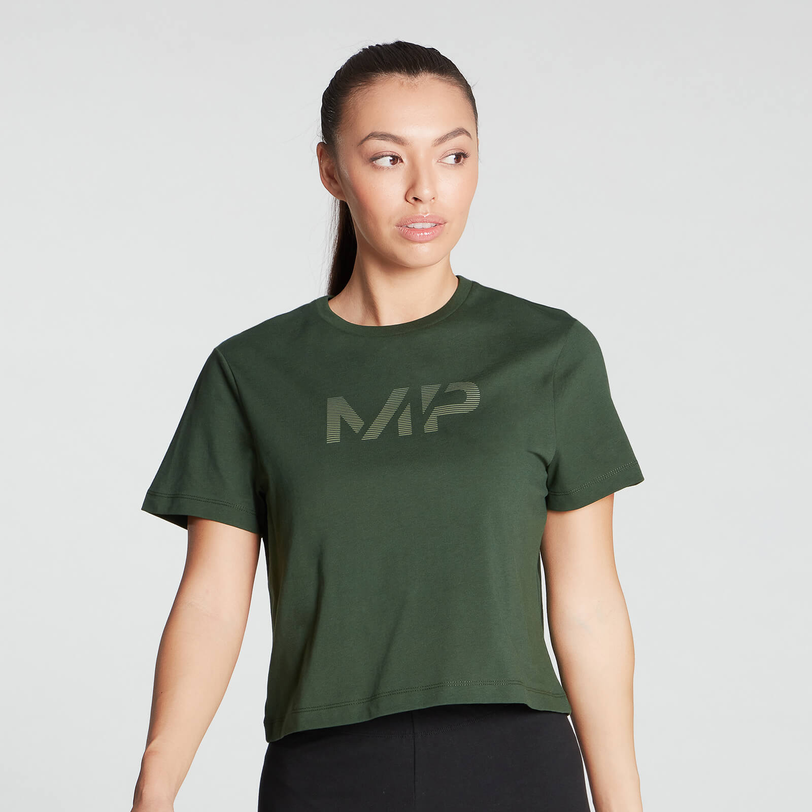 Gradient Line Graphic 基礎純棉系列 女士短版 T 恤 - 深綠