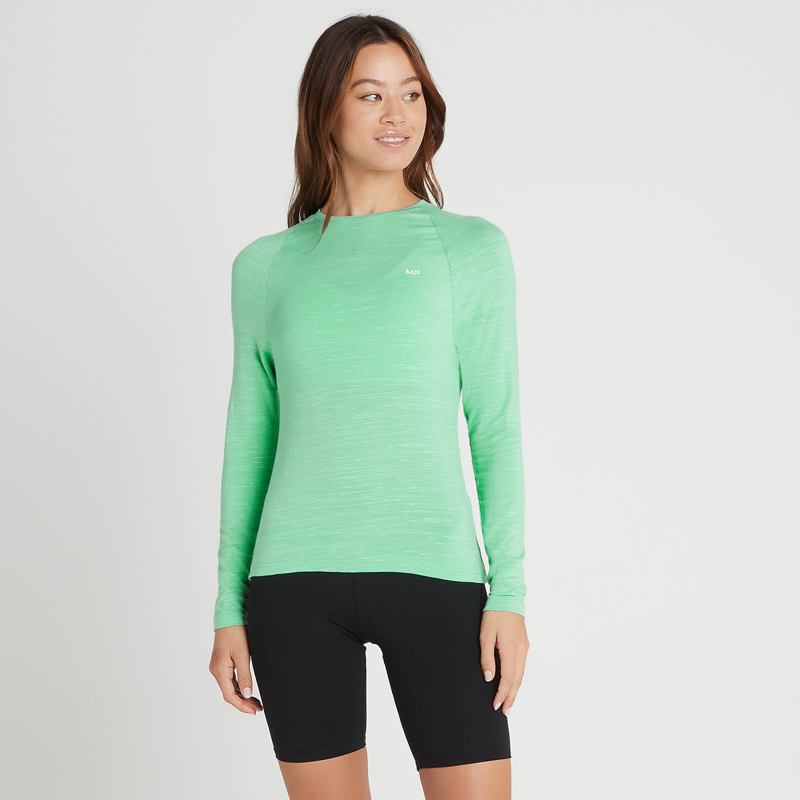 T-shirt d’entraînement à manches longues MP Performance pour femmes – Vert glacé chiné tacheté de blanc