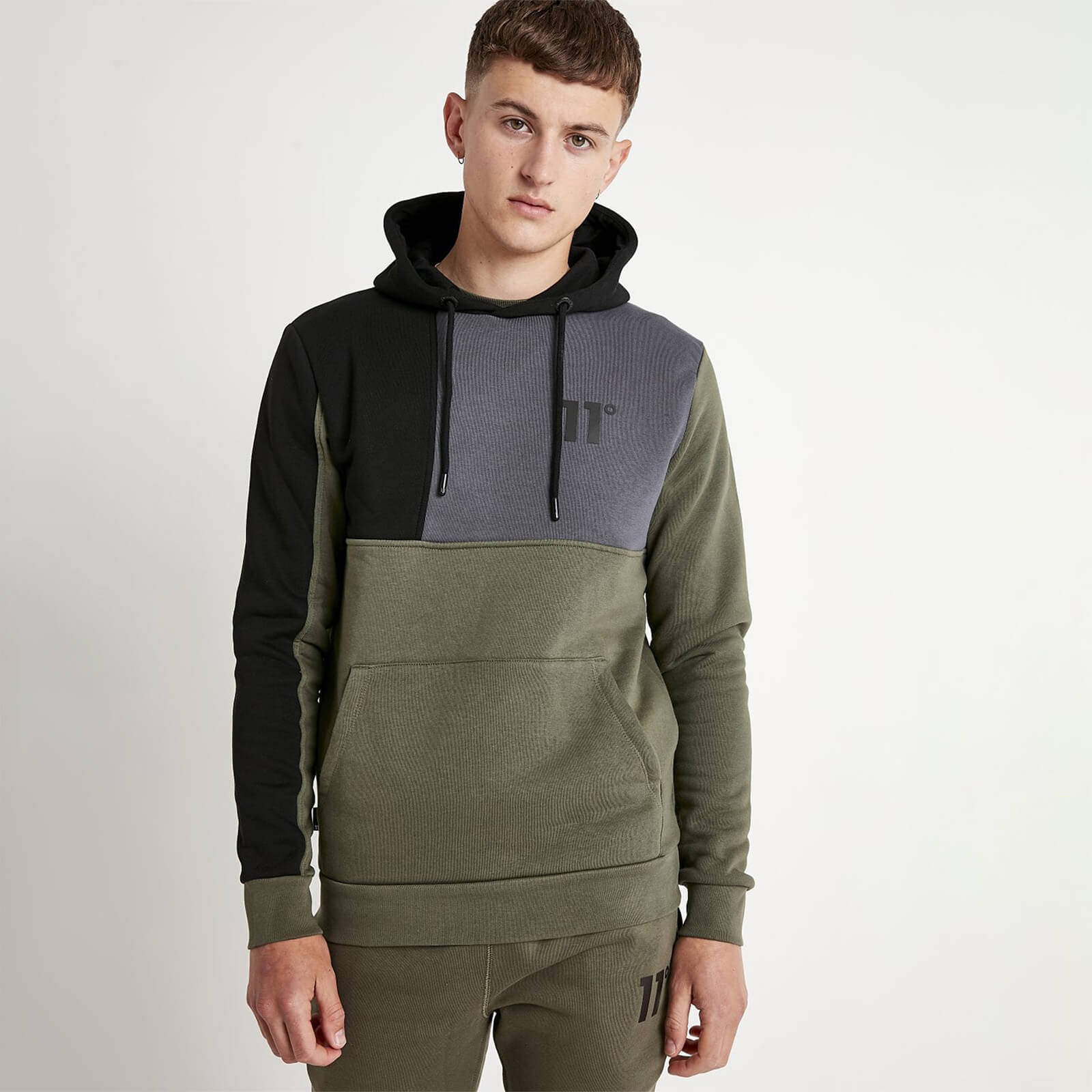 11 Degrees Boxy Block Pullover Hoodie Khaki Slate Grey Black