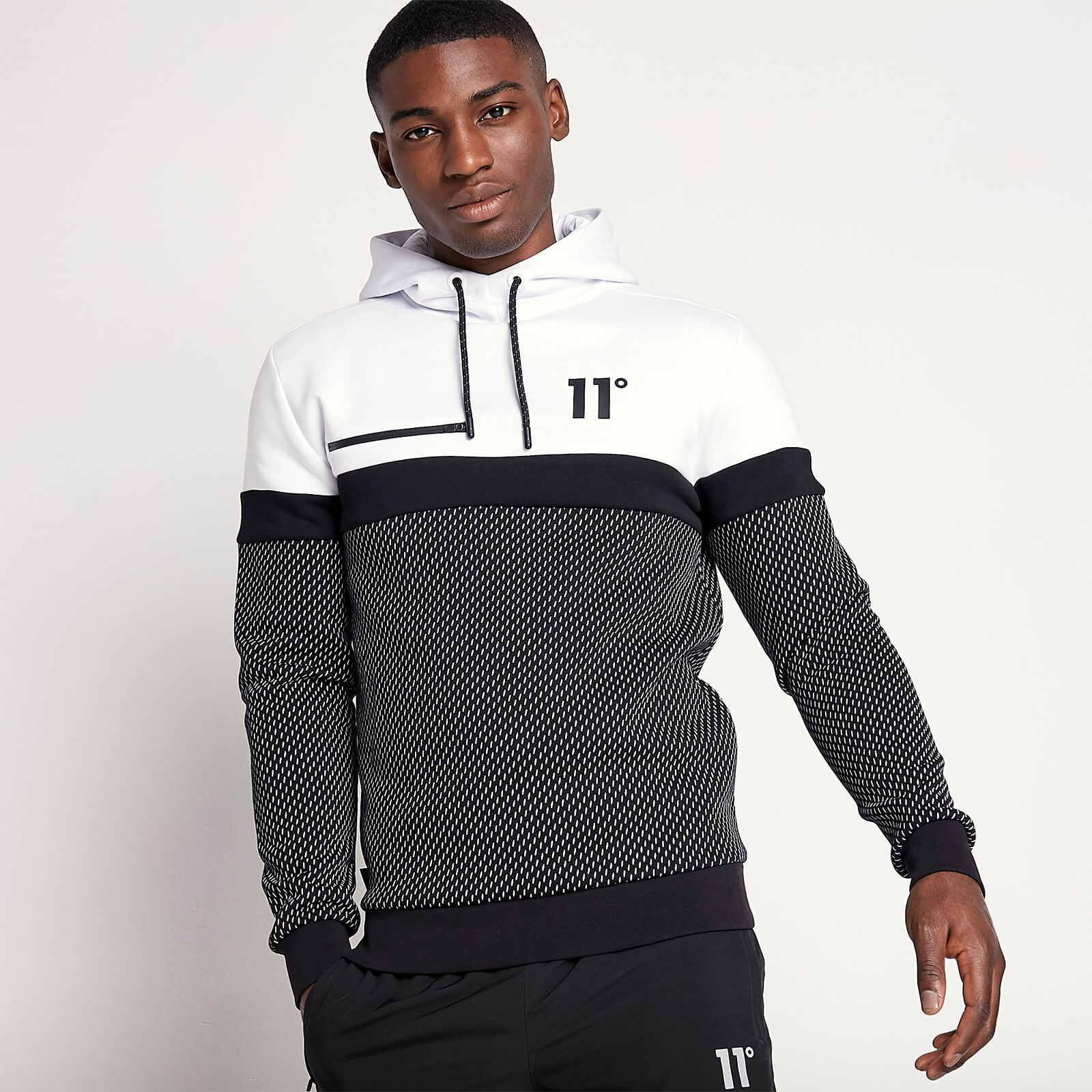 11 Degrees Colour Block Pullover Hoodie Black White 11 Degrees