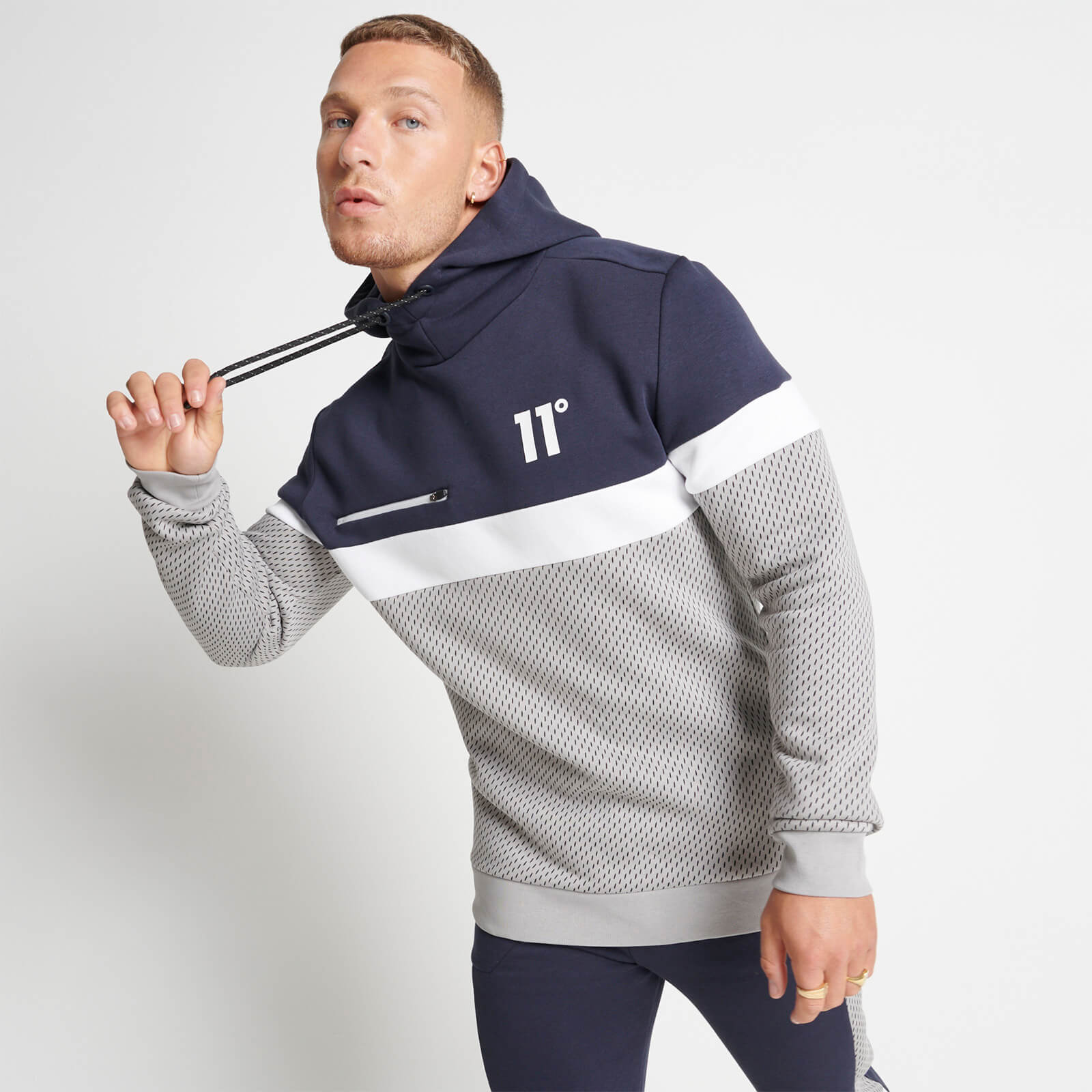 11 Degrees Colour Block Pullover Hoodie Navy White Silver