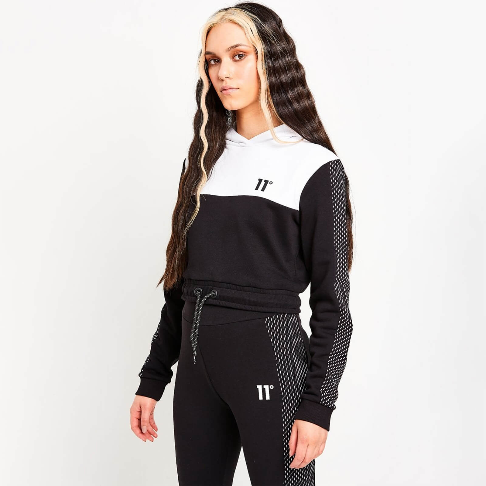 Womens Mesh Cut And Sew Cropped Pullover Hoodie Black White