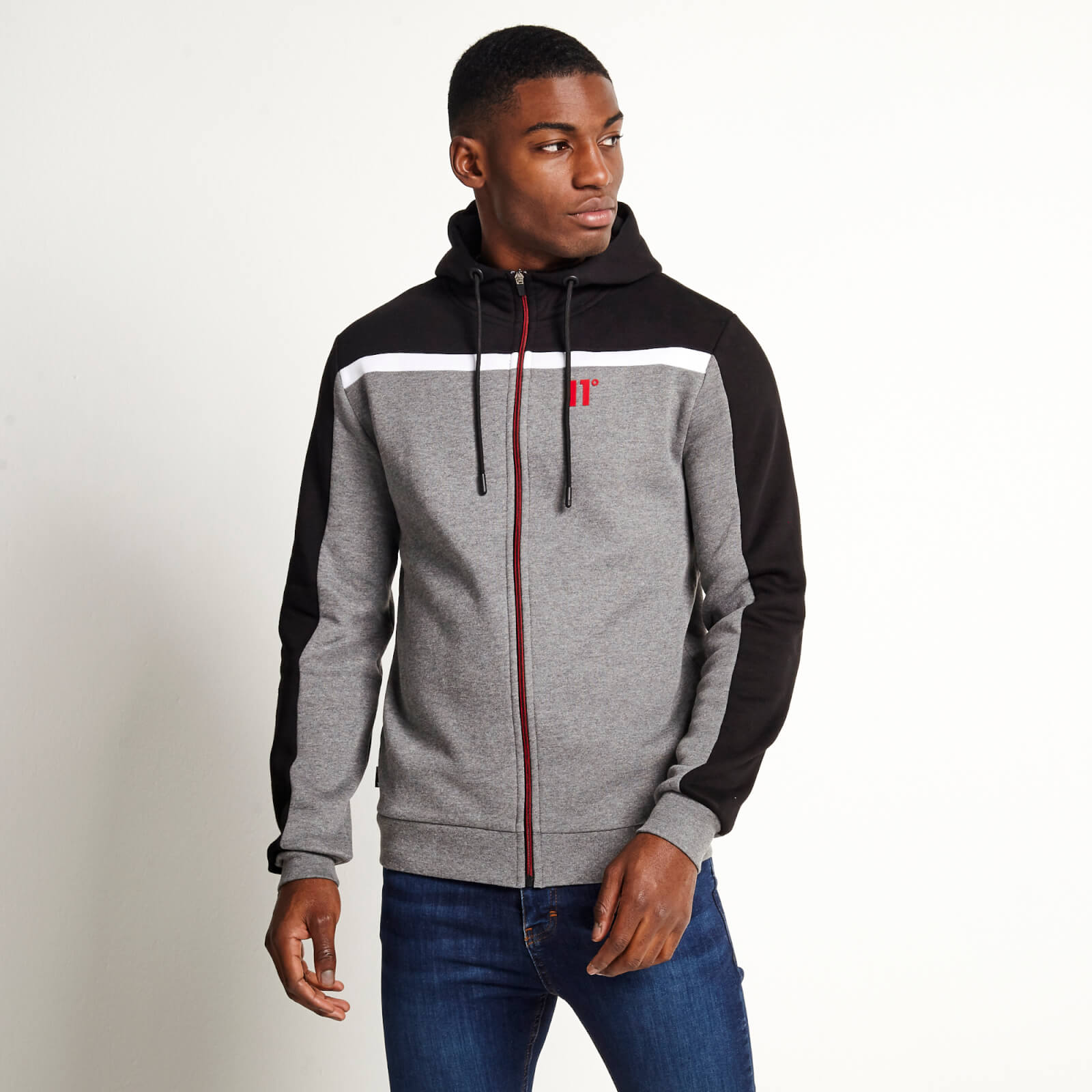 11 Degrees Cut and Sew Full Zip Hoodie Charcoal Marl Black White