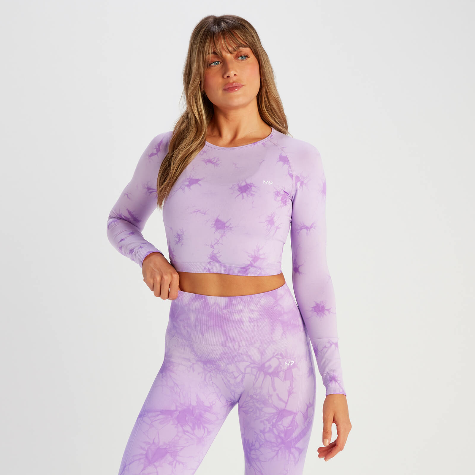 T-shirt court sans coutures à manches longues MP Shape pour femmes – Tie-dye violet - XS