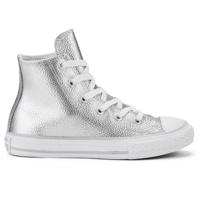 Converse Kids Chuck Taylor All Star Metallic Leather Hi Top Trainers Pure Silver White White Allsole