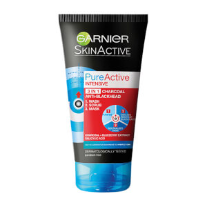 Garnier SkinActive PureActive 3-in-1 Charcoal Anti-Blackhead Wash, Scrub and Mask 150ml