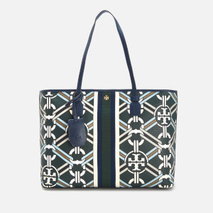 Tory Burch Women s Gemini Link Canvas Large Geo Print Top Zip Tote Bag Green Gemini Medallion Ribbon