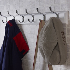 6 Coat Polished Chrome Hooks on White Stepped Board Homebase