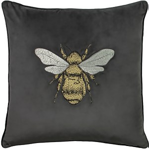 Bee Embroidered Velvet Cushion - Charcoal