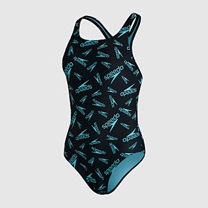 Damen Boom Logo Allover Medalist Badeanzug in Schwarz
