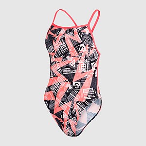 Logo Flash Damen Allover Vback Badeanzug in Rot