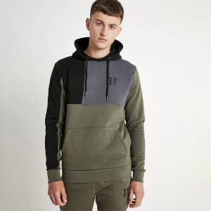 11 Degrees Boxy Block Pullover Hoodie – Khaki / Slate Grey / Black