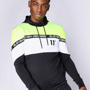 11 Degrees Cut And Sew Colour Block Poly Track Top With Hood – Black / Neon Lime / White